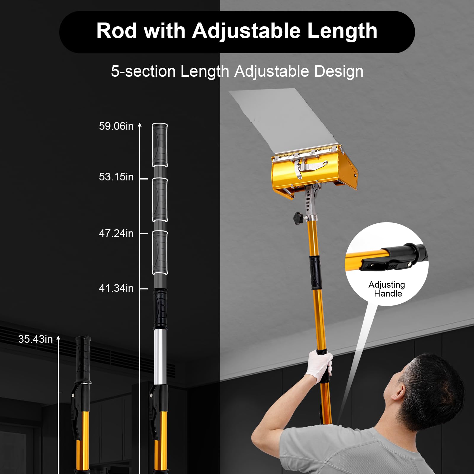 Professional 9-Inch Drywall Flat Finishing Box with 40-64 Inch Adjustable Handle - Aluminum Drywall Tool for Sheetrock, Mud, and Wallboard - Perfect for Smoothing Joints and Finishing Walls in Home Renovation Projects