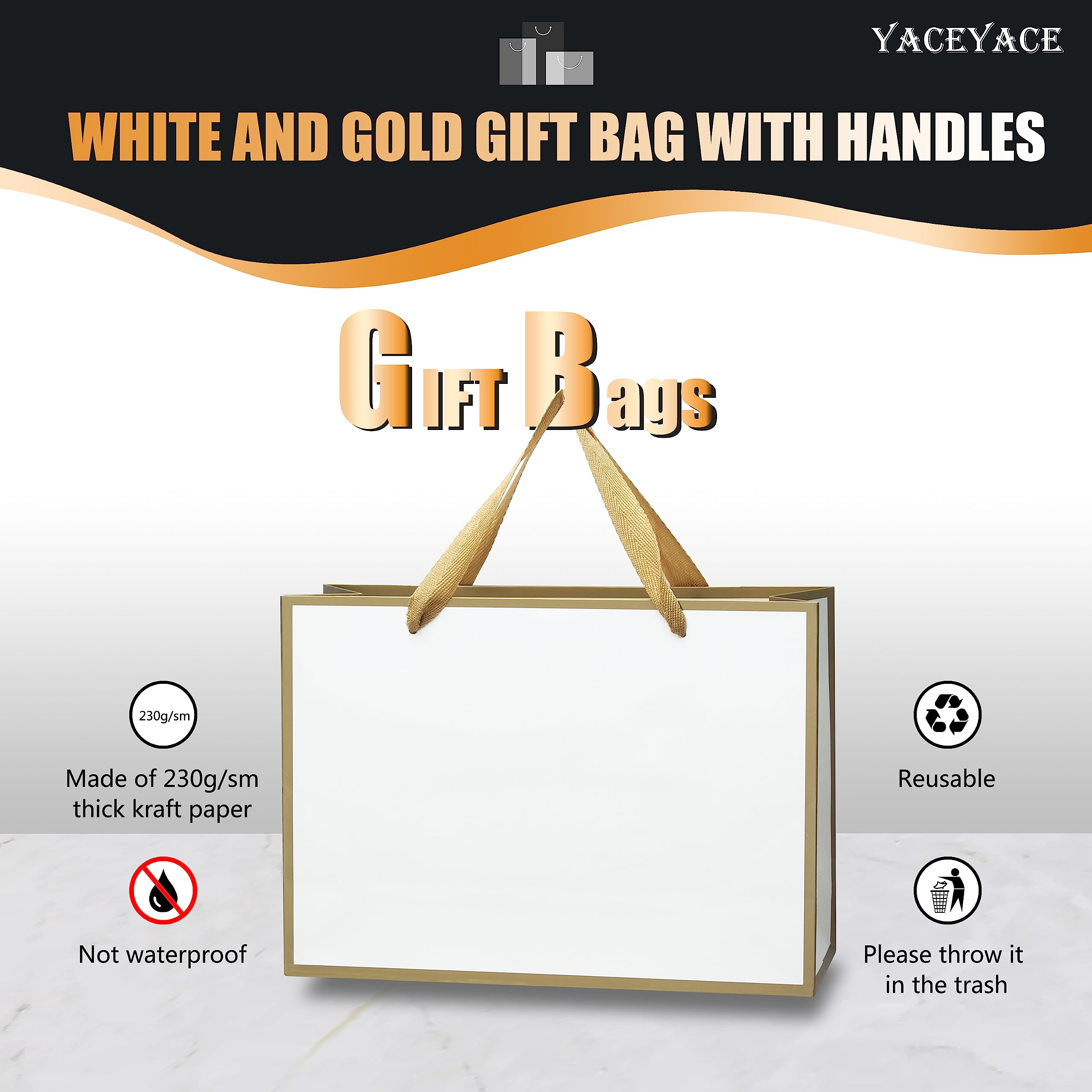YACEYACE 10Pcs Medium White Gift Bags with Gold Frame & Ribbon Handles - 10.5x4x8 Inches Bulk Party Favor Bags for Birthday, Baby Shower, Wedding, Retail Boutique & Holiday Gift Wrapping