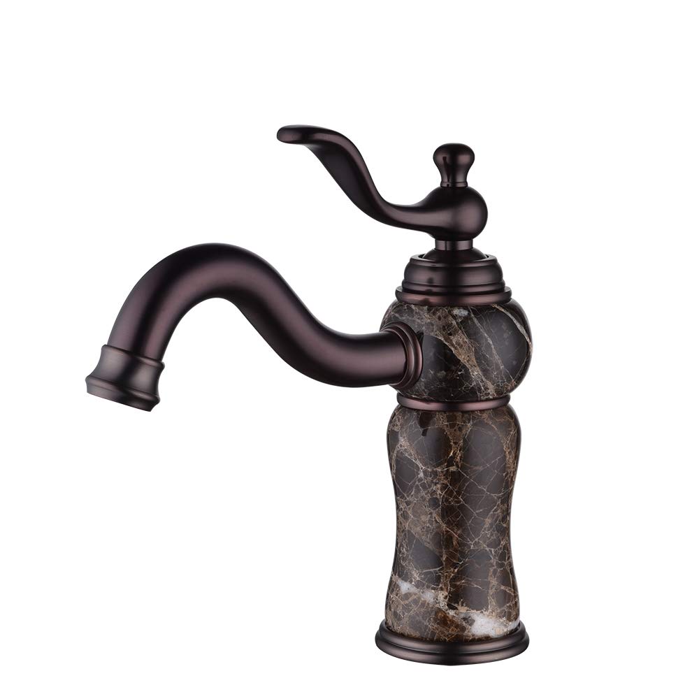 Luxury Stone Bathroom Faucet - European All Copper & Natural Marble Emperador Basin Mixer Tap - Hot & Cold Water Venetian Bronze (C12123PS-FW) - Perfect for Modern & Classic Bathroom Decor