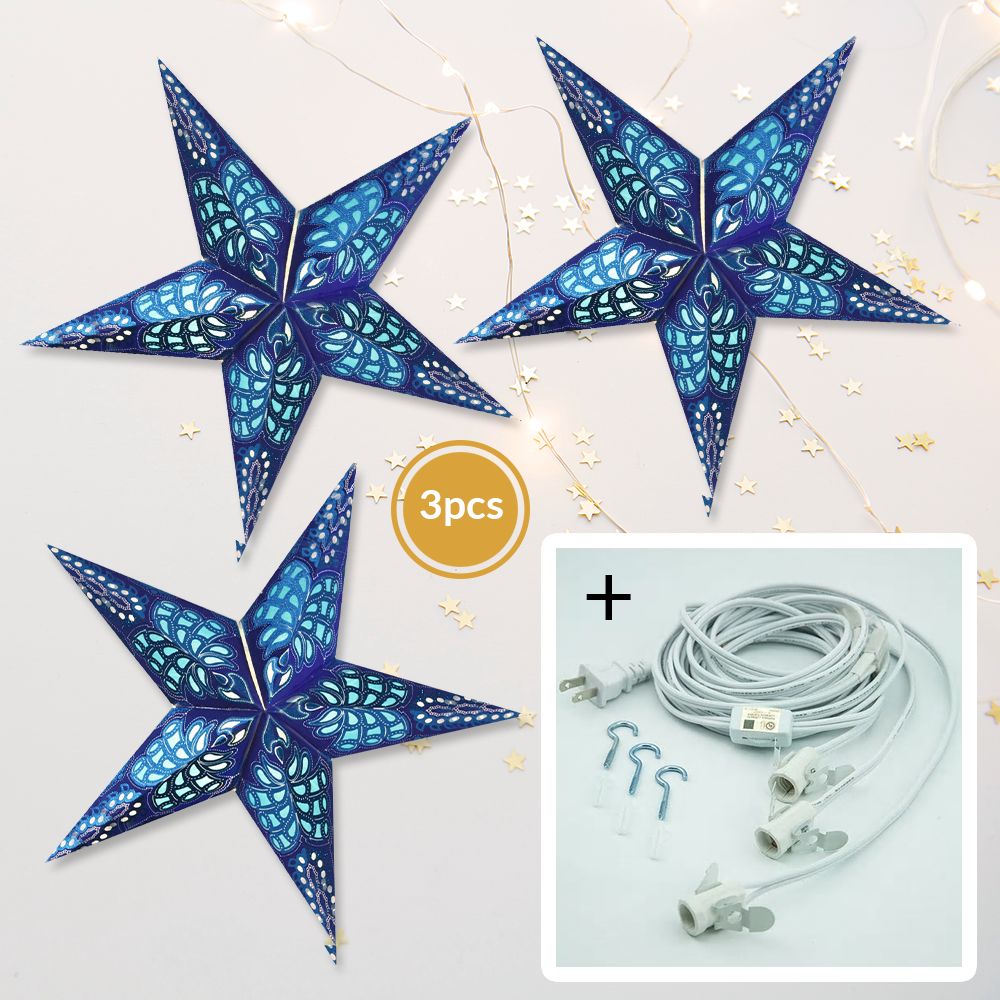 3 Pack Blue Monarch Glitter Illuminated Paper Star Lanterns - LED String Lights Included for Bedroom, Party & Wedding Decor