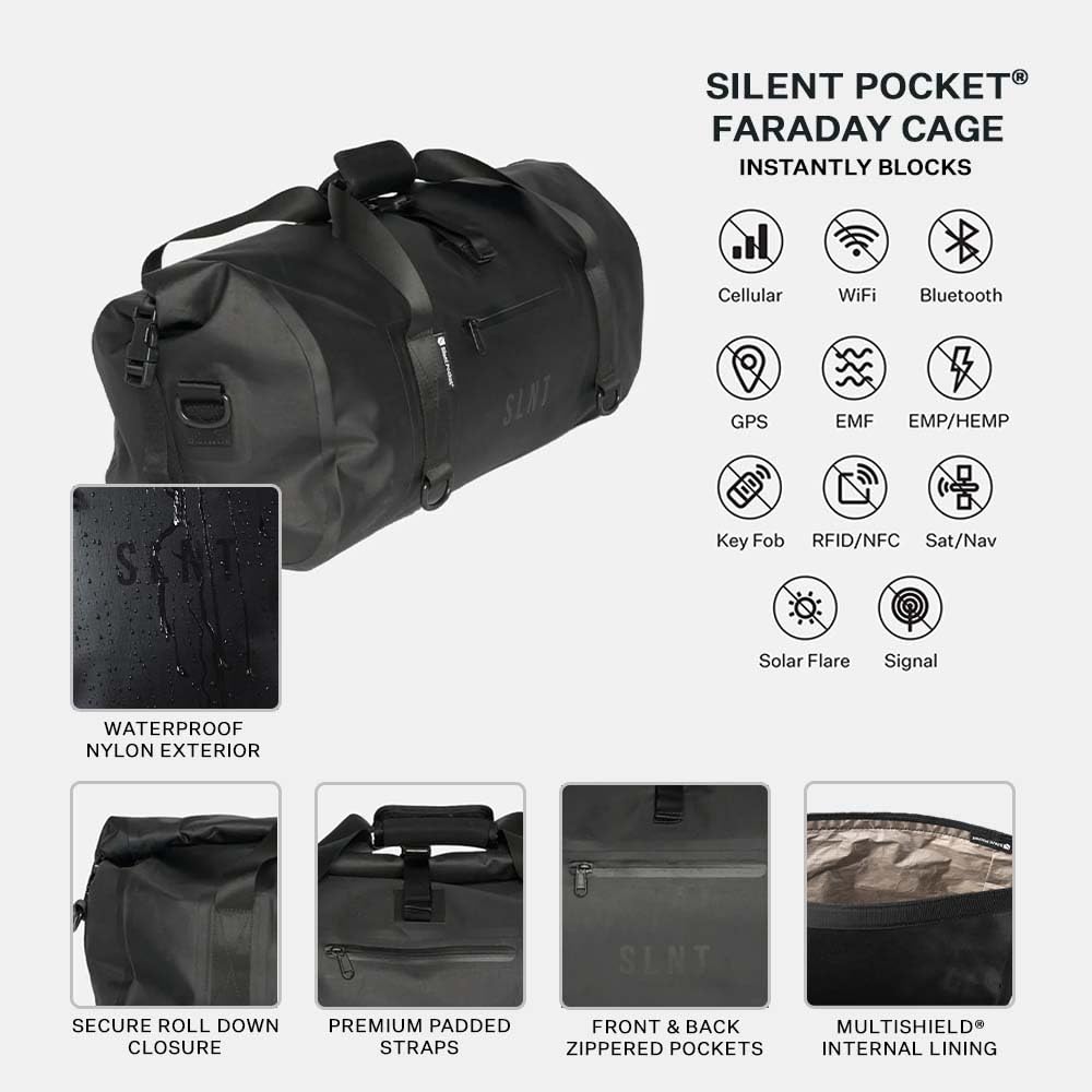 SLNT Faraday Dry Duffle Bag 40L - Military-Grade Waterproof Nylon with Silent Pocket - Blocks Wireless Signals for Electronics Security - Anti-Hacking & Anti-Spying Protection - Ideal for Travel, Business & Emergency Preparedness