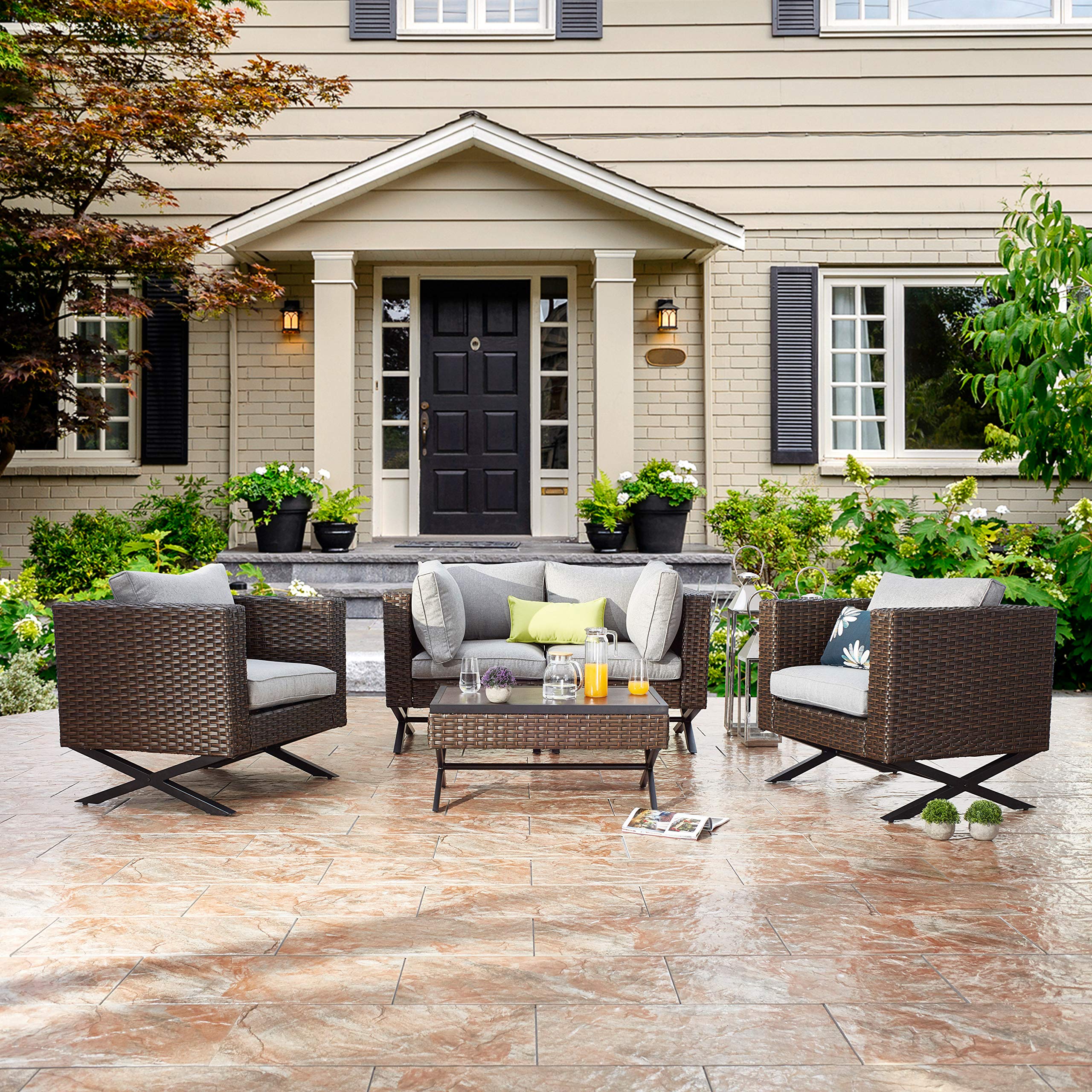 Romayard 5-Piece Outdoor Sectional Sofa Set - PE Rattan Patio Furniture with X-Leg Design & 10 Cushions - Perfect for Backyard, Garden, Poolside and Deck Relaxation
