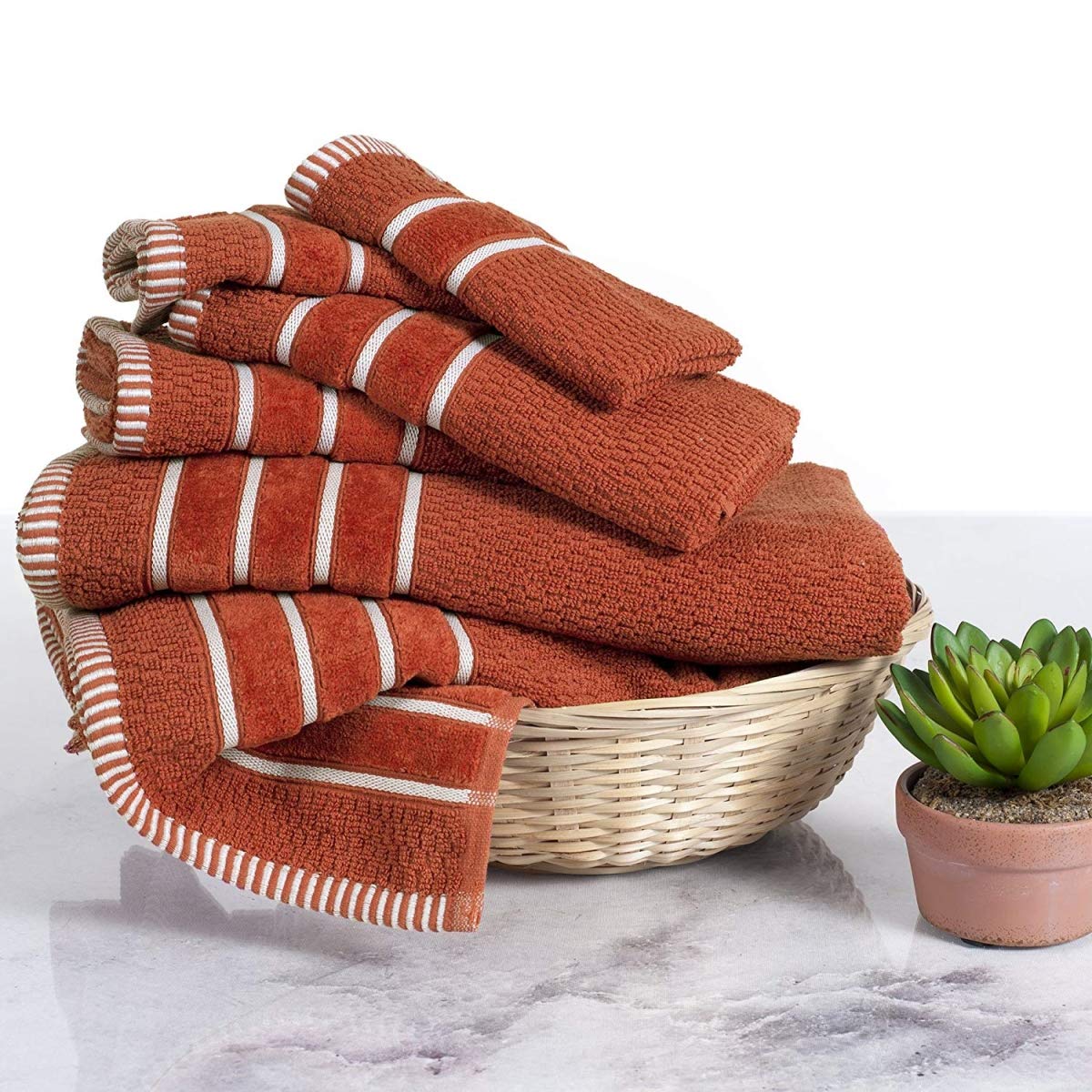 Bedford Home 100% Cotton Rice Weave 6-Piece Bath Towel Set - Brick | Soft & Absorbent Luxury Towels for Spa, Bathroom & Guest Use