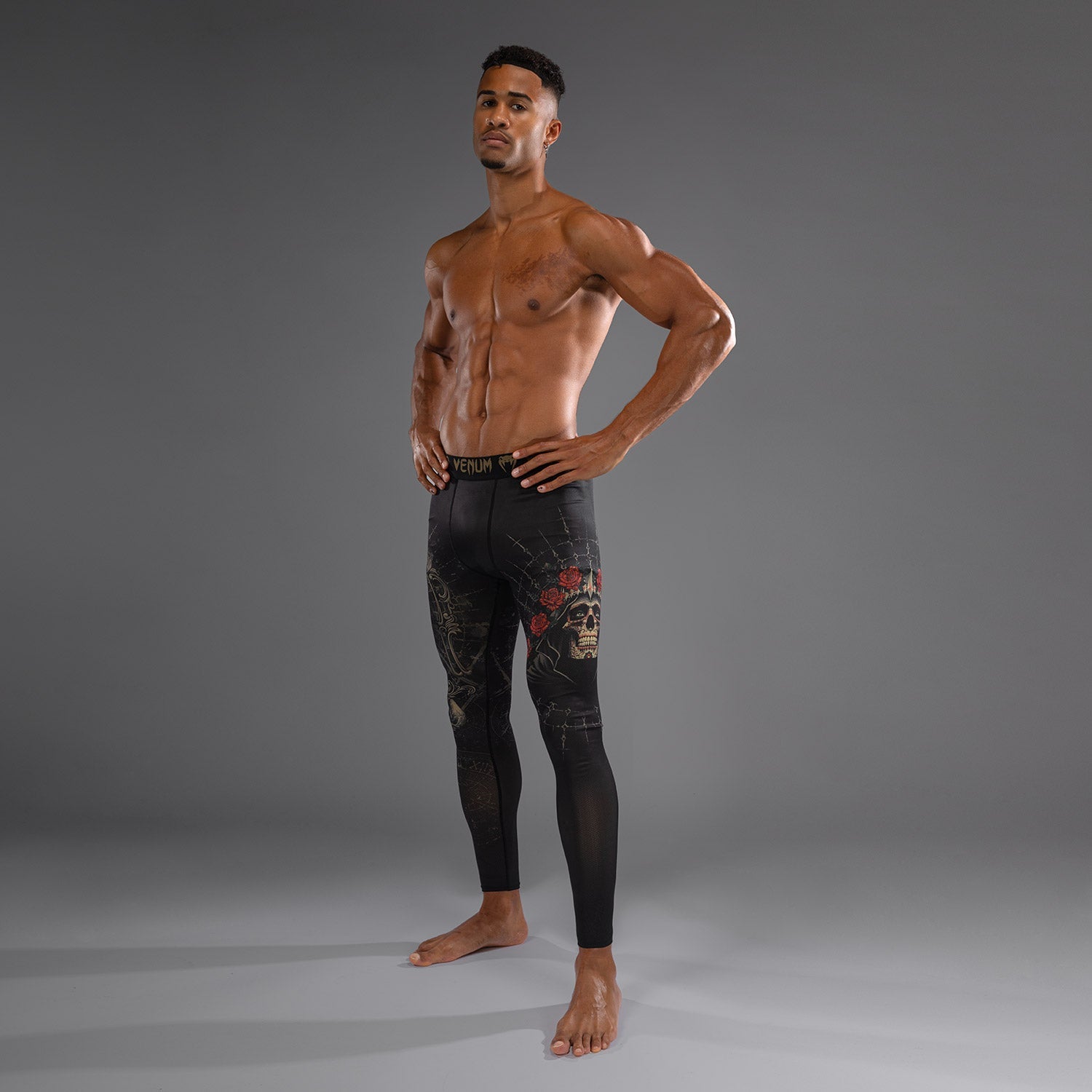 Venum Santa Muerte 5.0 Men's MMA Spats - Deep Black & Gold Compression Pants for Training, BJJ & Combat Sports