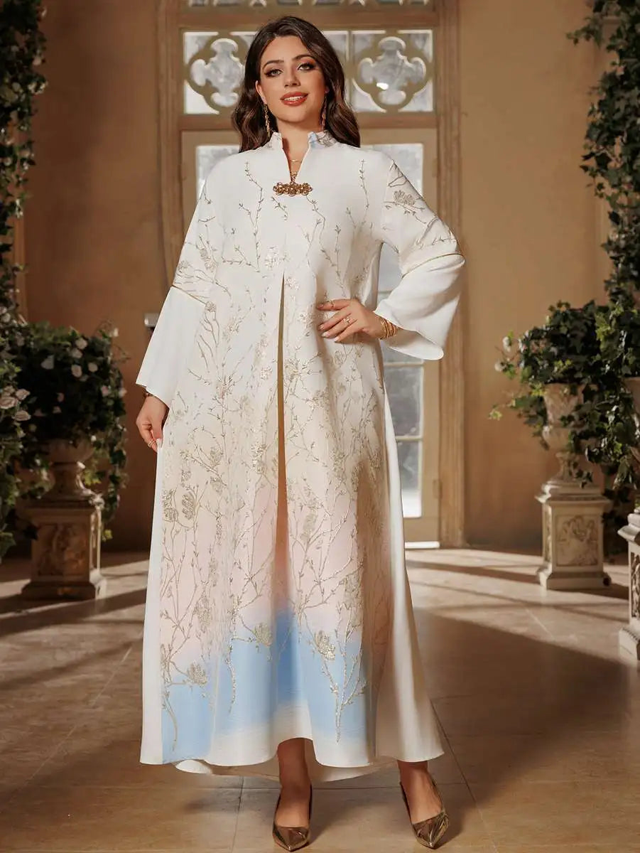 Elegant Eid Gradient Jacquard Dress for Muslim Women - Flowy Caftan Kaftan Dress & Jalabiya - Perfect for Eid Celebrations, Weddings, and Special Occasions