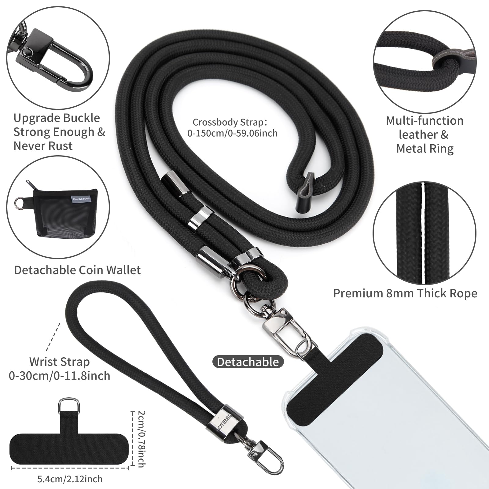Adjustable Phone Lanyard with Detachable Wallet - 8mm Thick Crossbody Neck Strap for iPhone & Smartphones - Secure Hands-Free Carrying for Work, Travel & Outdoor Activities (Black+Wallet)