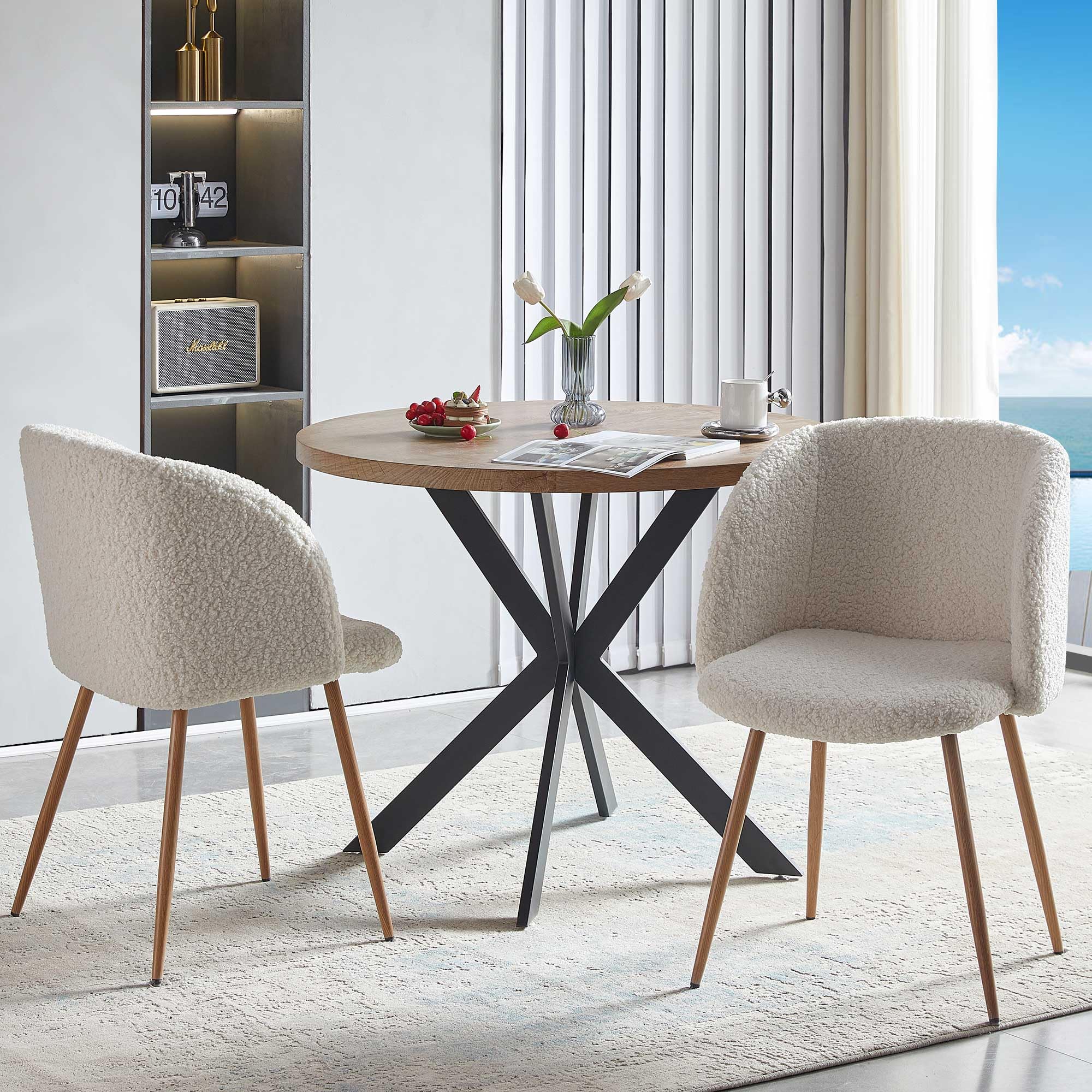 3-Piece Round Dining Table Set for 2 - Thick Wood-Look Tabletop & 2 Padded Armchairs - Kitchen & Small Space Furniture - Perfect for Apartments, Breakfast Nooks & Cozy Restaurants