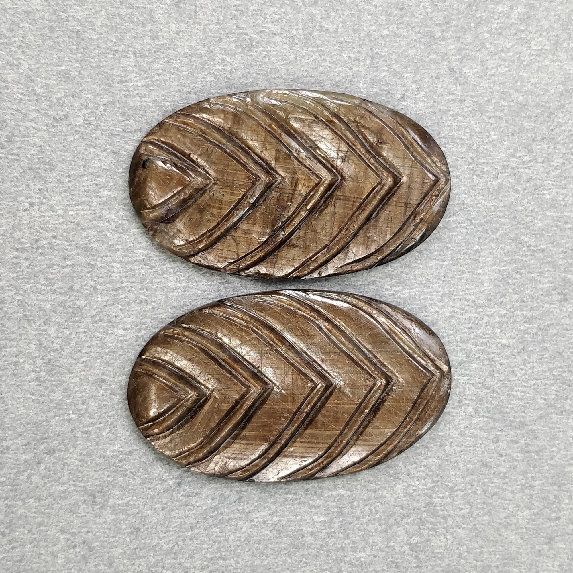 Natural Untreated Golden Brown Chocolate Sapphire Gemstone Carving - 42.80cts Hand Carved Oval Pair (30x17.5mm) with Video | Ceylon Sapphire for Jewelry Making, Engagement Rings & Luxury Gifts