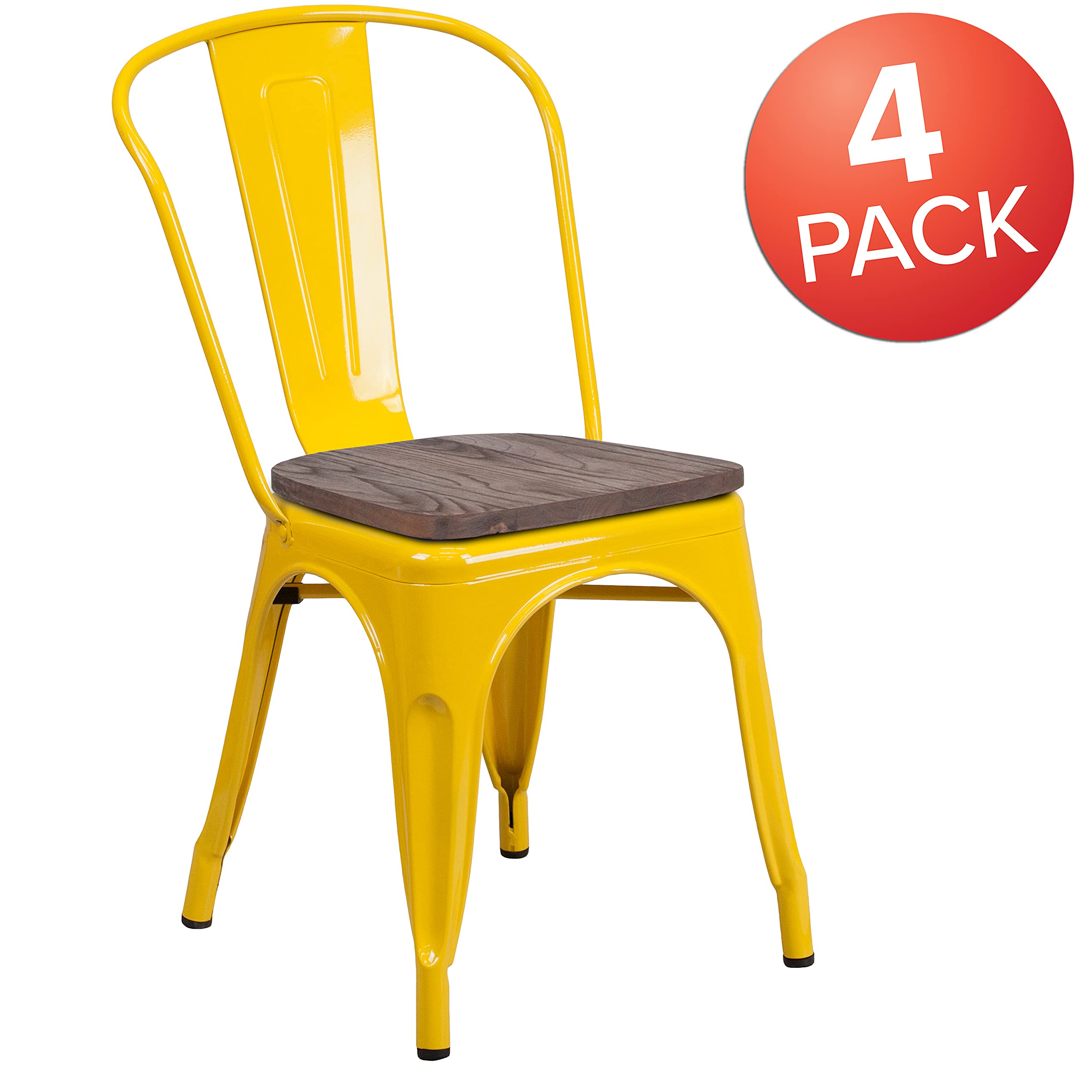 4 Pack Yellow Metal Stackable Chairs with Wood Seat - Commercial Restaurant & Bistro Chairs for Indoor/Outdoor Dining, Cafes, and Events