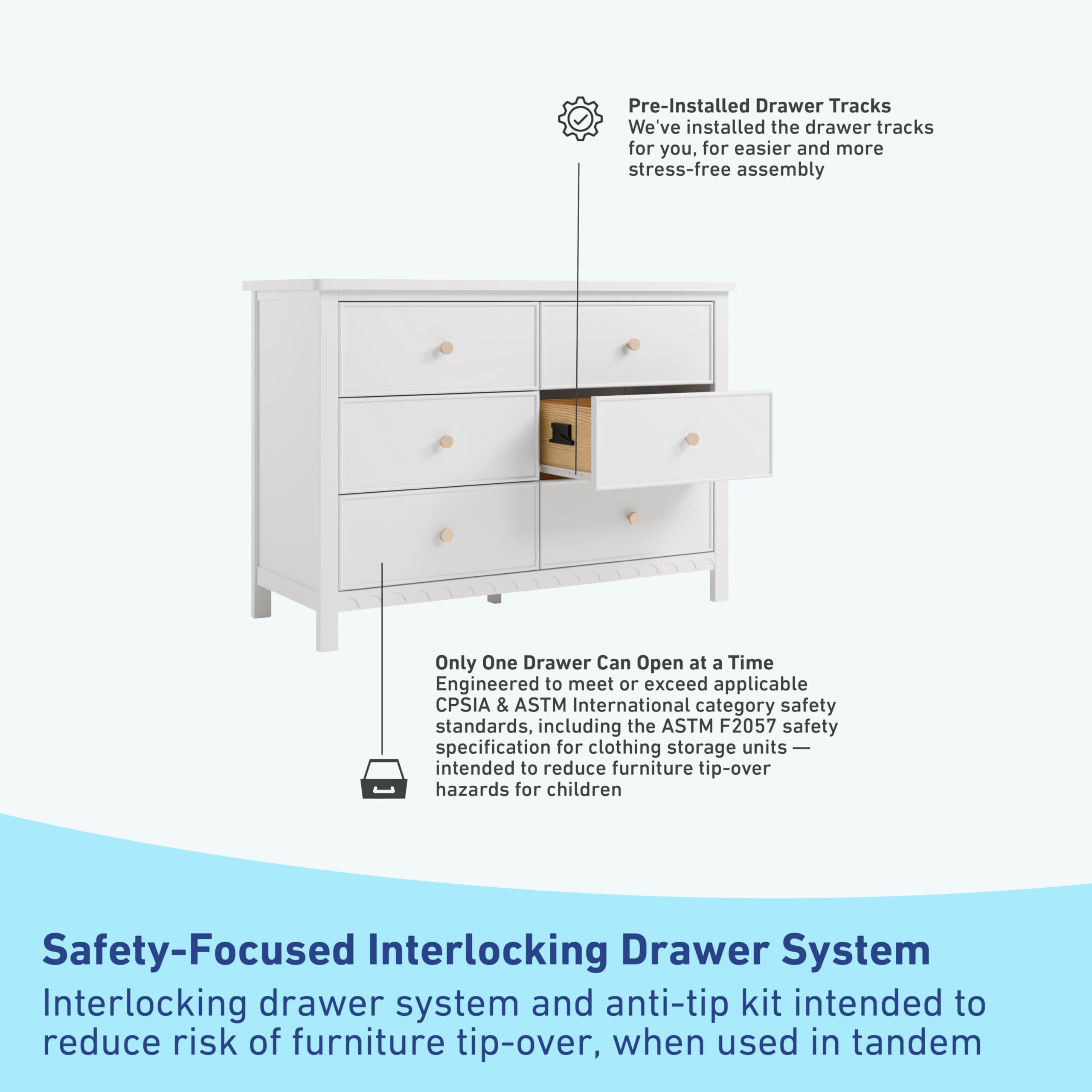 Graco Sasha 6-Drawer Dresser in White - GREENGUARD Gold Certified Nursery & Bedroom Dresser with Spacious Storage | Interlocking Drawer System | Easy Assembly with Pre-Installed Tracks | Perfect for Baby Room Organization & Home Storage Solutions