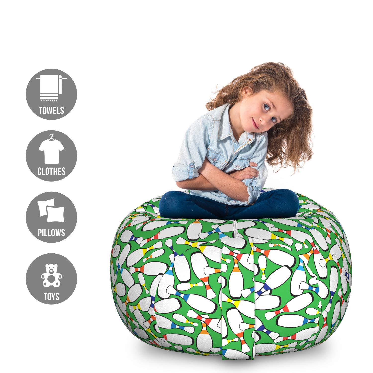 Ambesonne Bowling Toy Storage Bag Chair - Colorful Stripes Design for Skittles Game, Large Washable Stuffed Animal Organizer | Perfect for Kids' Room, Game Nights & Family Fun