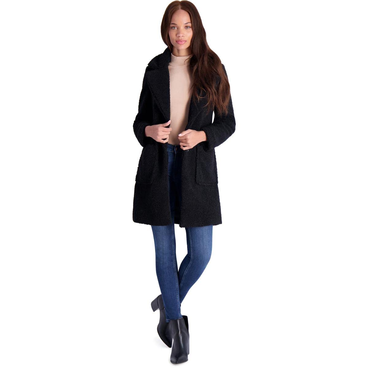 French Connection Women's Faux Shearling Teddy Lapel Midi Coat - Warm Winter Jacket for Casual Outings & Date Nights