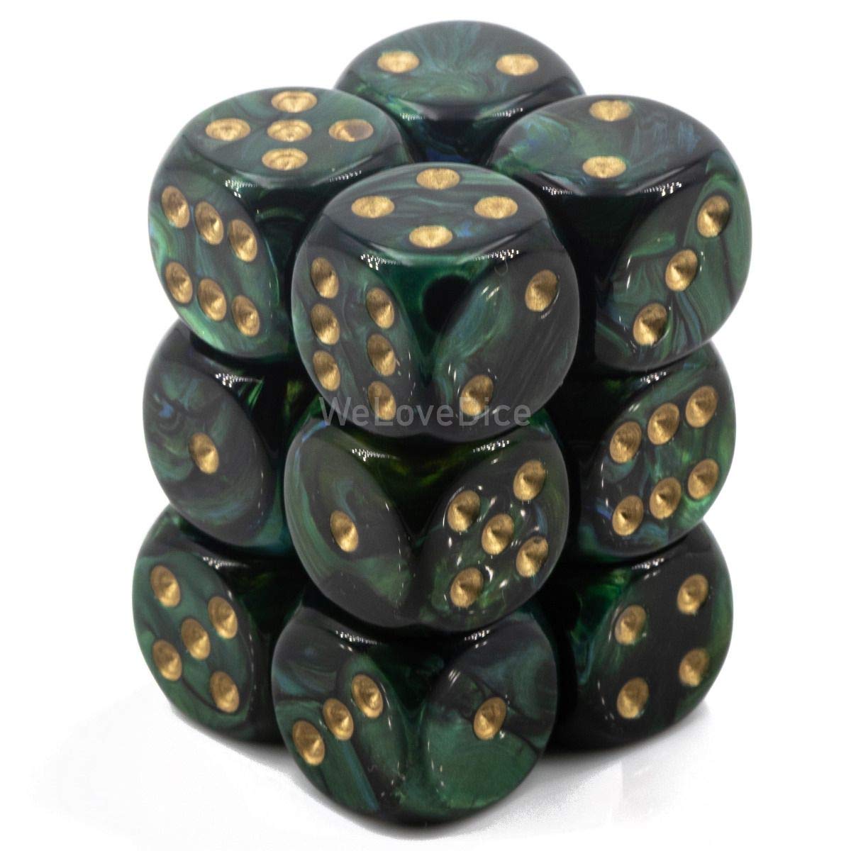 Scarab 16mm D6 Jade and Gold Dice Set - 12 Pipped Dice for Dungeons & Dragons, RPG Gaming, and Tabletop Board Games