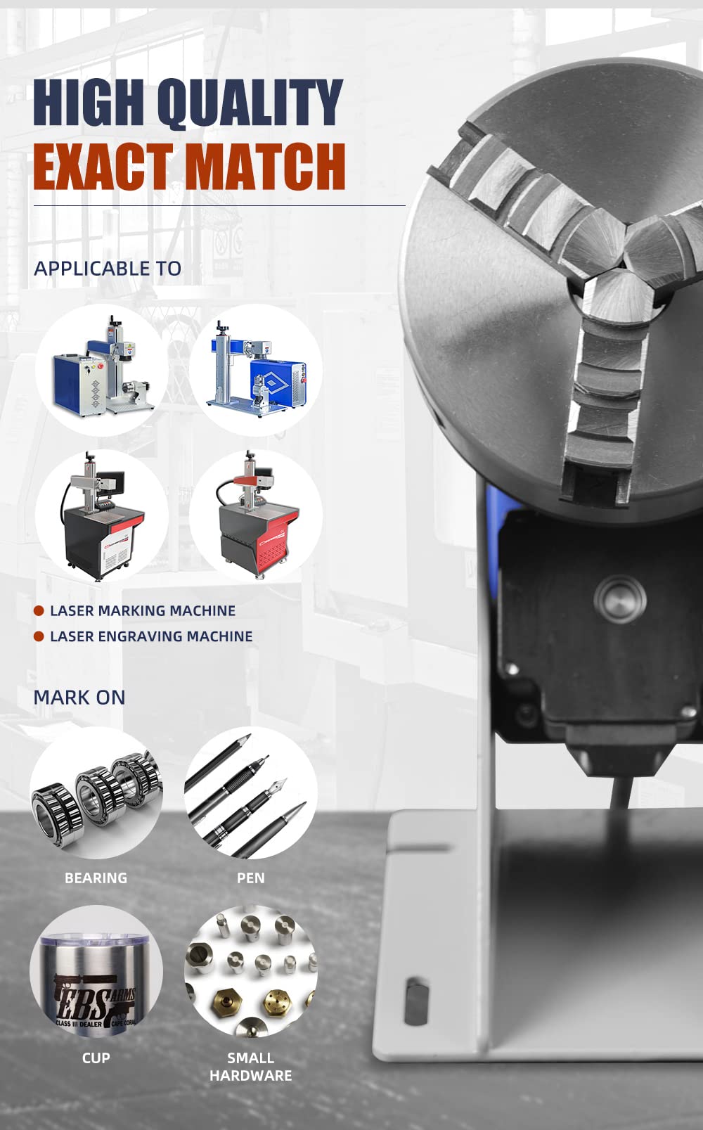 100mm (3.94in) Three-Jaw Rotary Chuck for Fiber Laser Marking Machine - High Precision Rotating Attachment for Metal Engraving, Jewelry Making & Industrial Applications