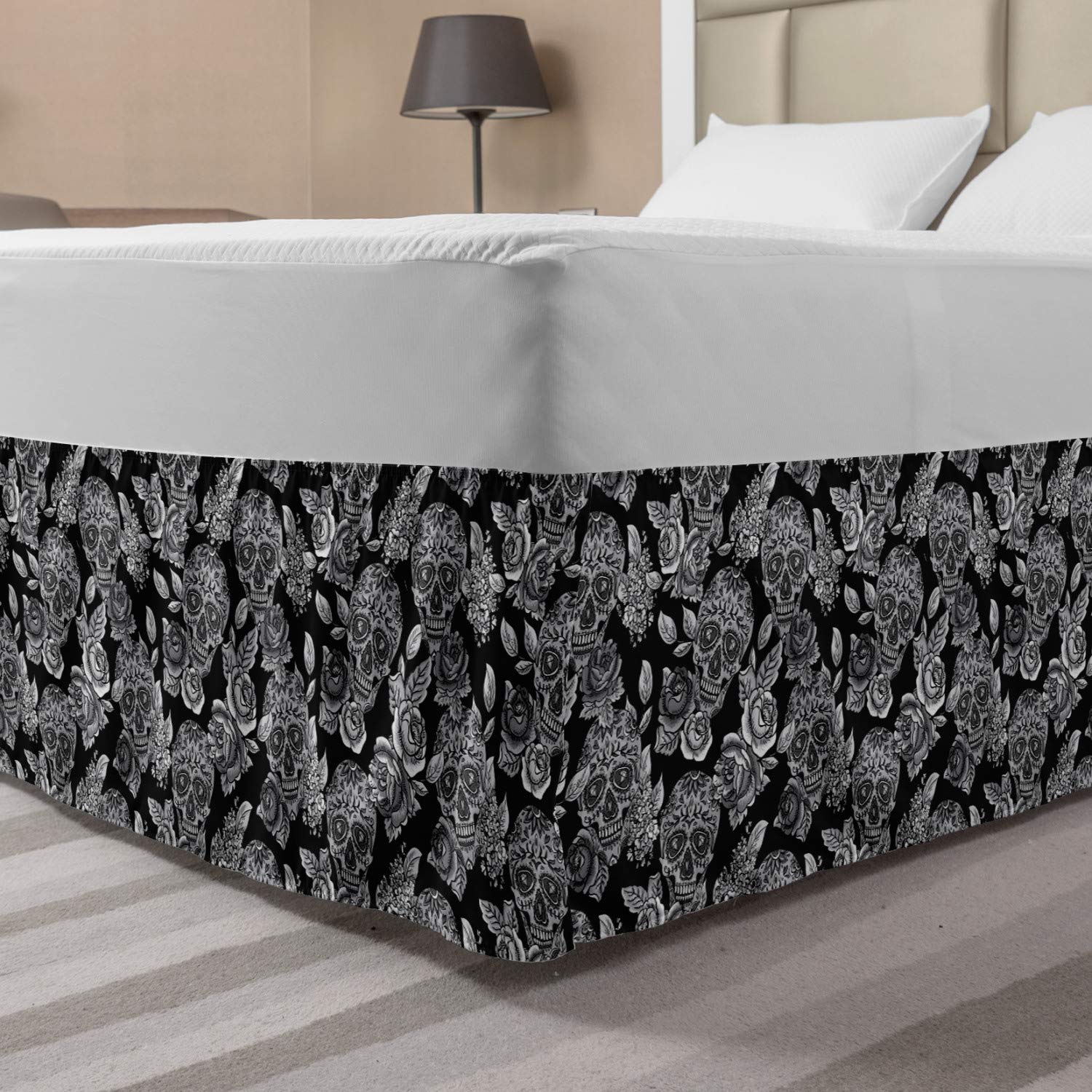 Gothic Bed Skirt with Skeleton Skull & Floral Design - Dark Scary Elastic Dust Ruffle Wrap for Queen Size Bed | Charcoal White | Perfect for Halloween Decor, Gothic Bedroom Theme & Spooky Home Decor