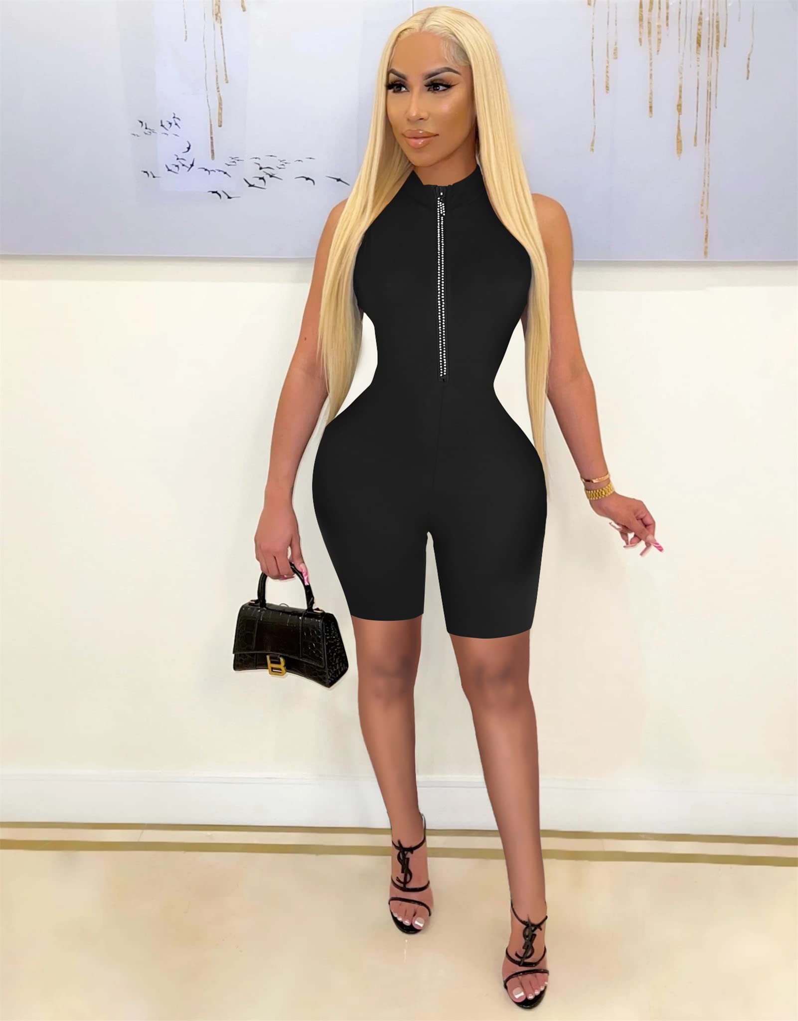 Sexy Women's Bodycon Jumpsuit - Long Sleeve V-Neck Zipper One Piece Outfit with Rich Hold | Perfect for Night Out, Party, Date Night and Casual Wear