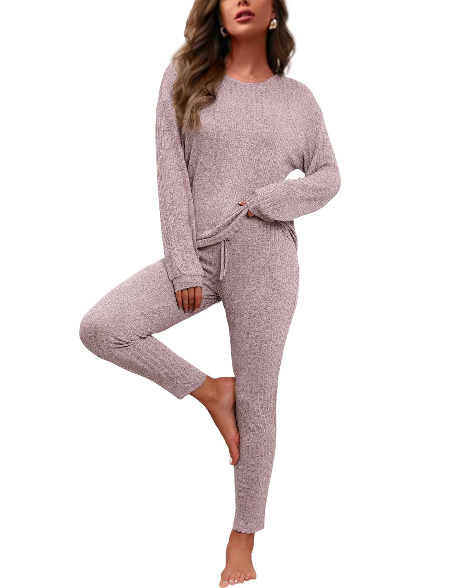 Difficort Women's Long Sleeve Pajama Set - Soft Ribbed Knit Sleepwear & Lounge Wear with Pockets - Cozy Winter Nightwear for Home Relaxation & Sleep