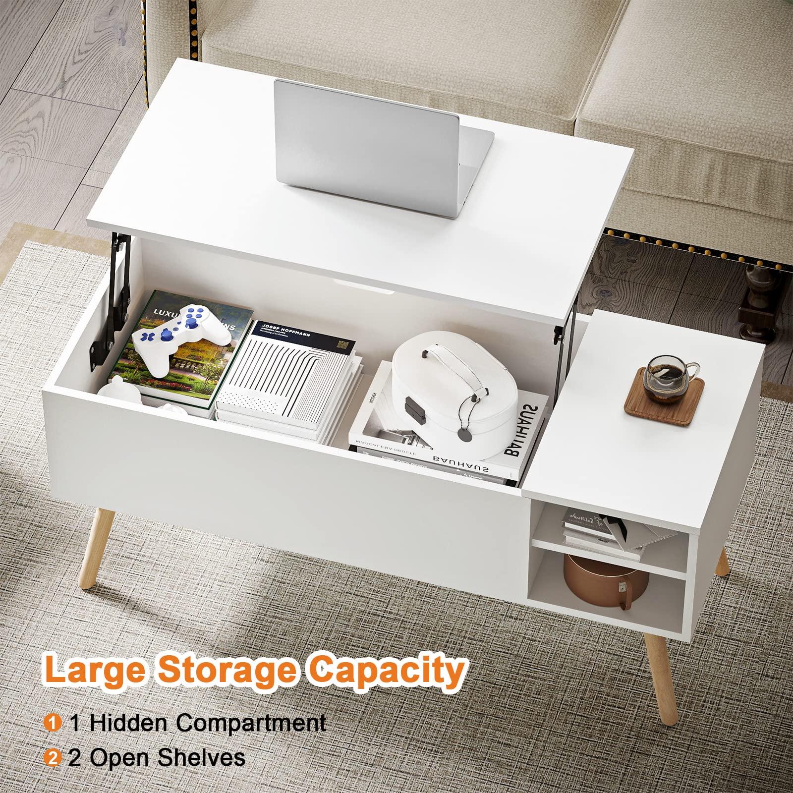 White Lift Top Coffee Table with Hidden Storage Compartment - Solid Wood Rectangle Coffee Table for Living Room - Perfect for Small Spaces, Home Office & Reading Nook