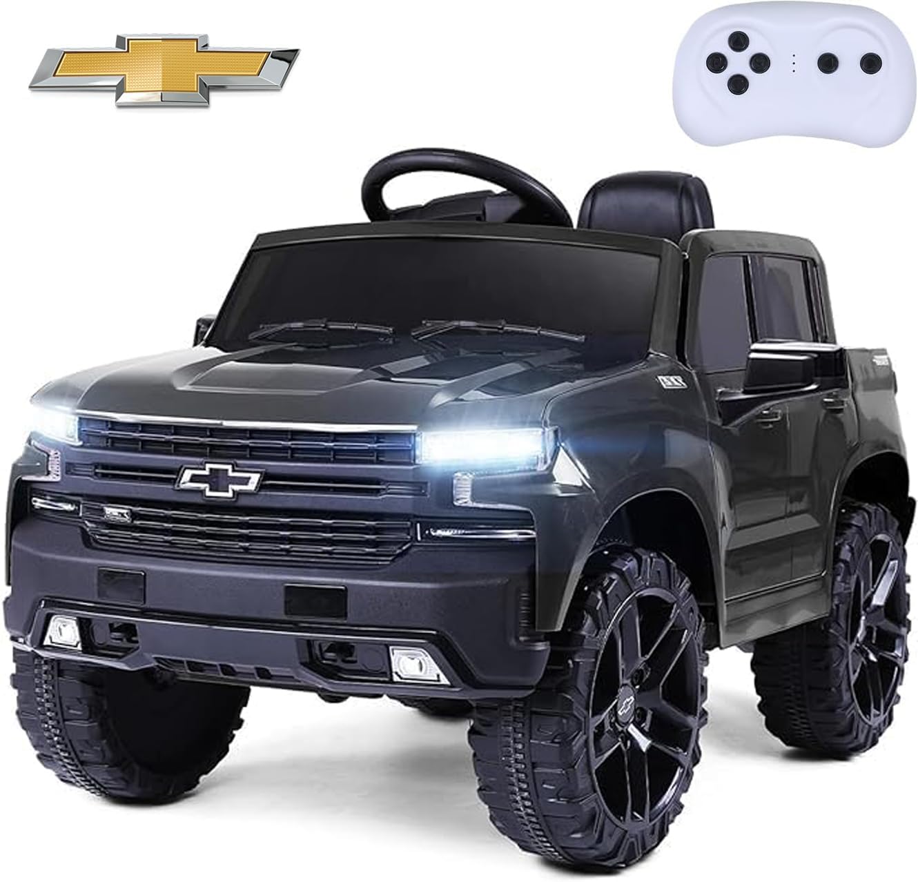 Licensed Chevrolet Kids Electric Ride-On Truck - 12V Battery-Powered Toy Car with LED Lights, MP3 Player & Storage - Black | Outdoor Play, Birthday Gifts for Boys & Girls Ages 3-8