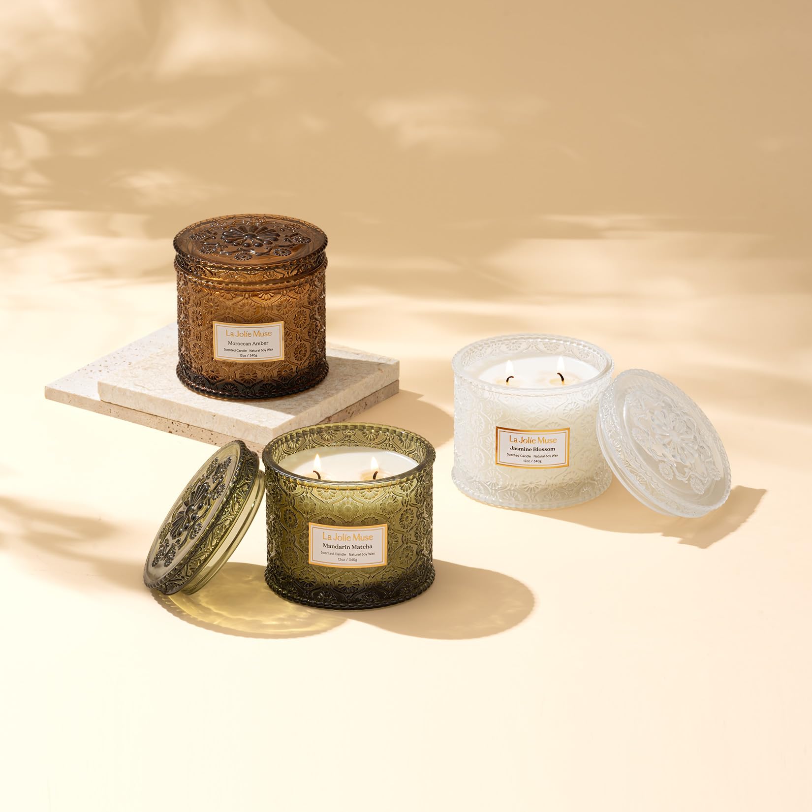 LA JOLIE MUSE Jasmine Scented Candle - 12oz Luxury 2-Wick Soy Candle for Home, 60 Hours Long Burning, White Decorative Candle - Perfect for Mother's Day Gifts, Relaxation & Aromatherapy