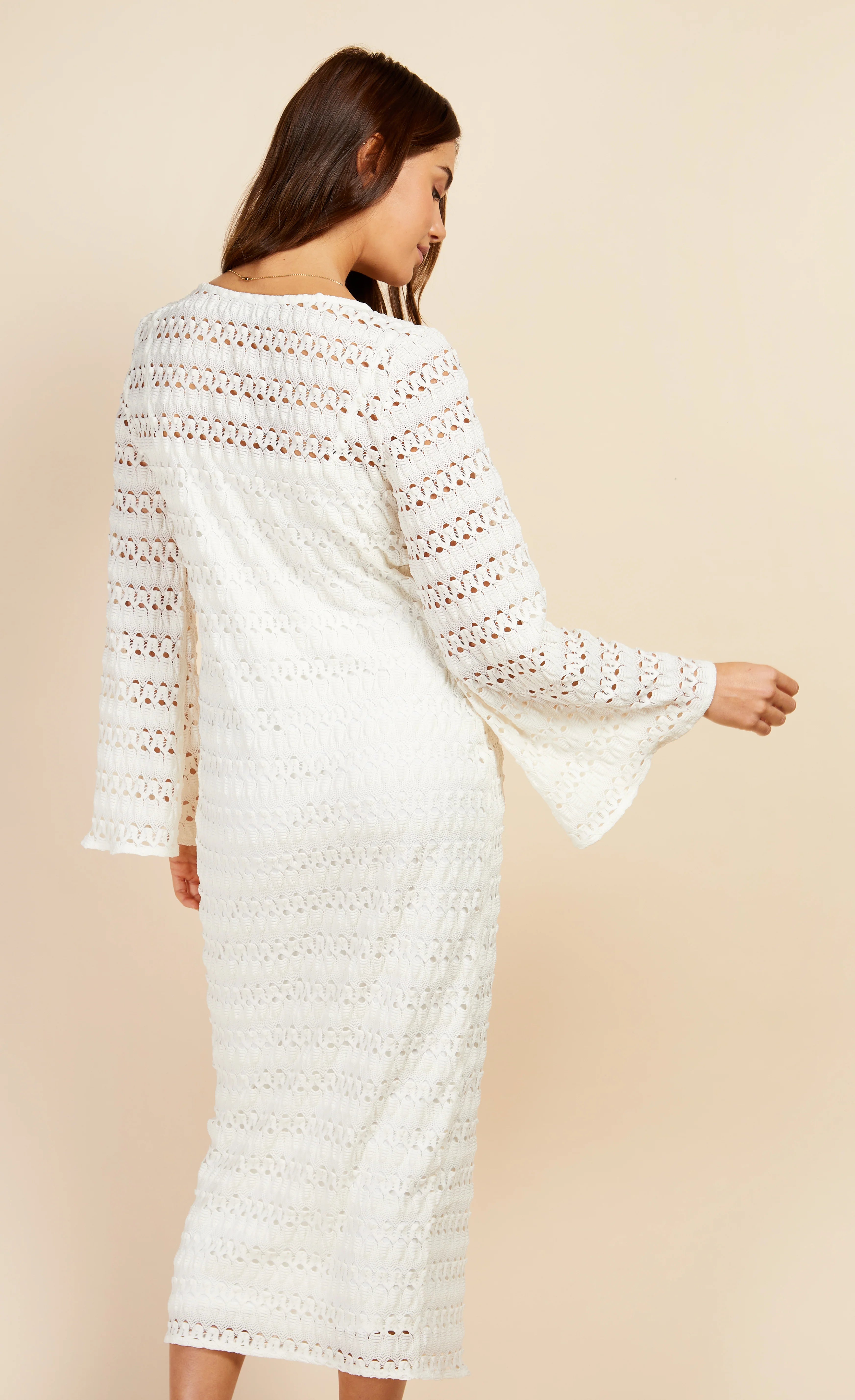 Chloe Crochet Knit Midaxi Dress - Cream Lace Boho Summer Dress for Women | Beach Wedding, Vacation, Date Night Outfit