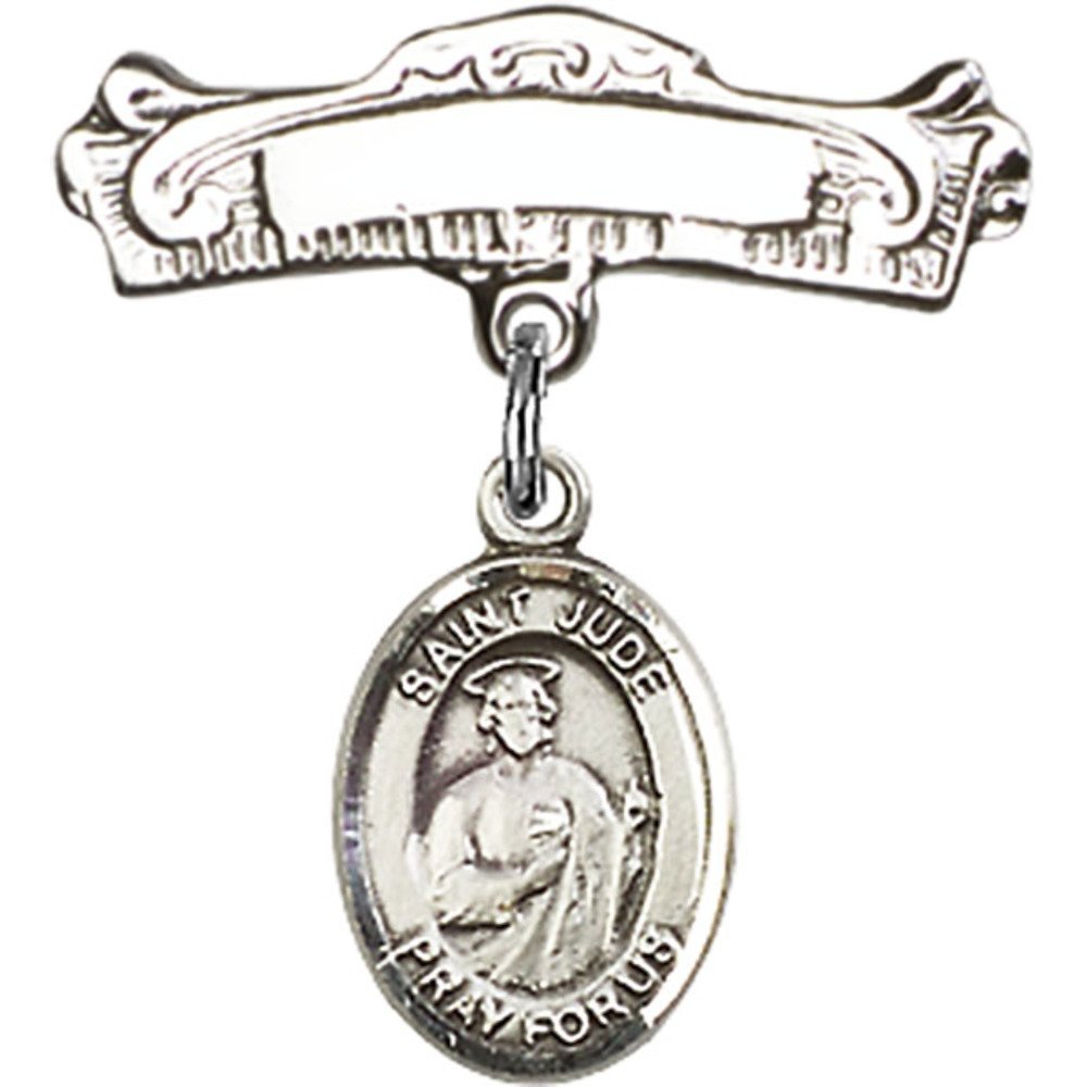 St. Jude Thaddeus Sterling Silver Baby Badge - 7/8 X 7/8 Inch Arched Polished Charm Pin for Baptism, Christening & First Communion Gifts | Religious Jewelry for Infants & Toddlers