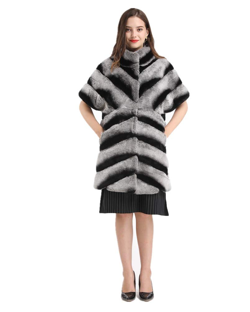 LVCOMEFF Women's Genuine Rex Rabbit Fur Chinchilla Long Vest - Luxurious Winter Coat with Short Sleeves for Fashionable Outerwear & Holiday Parties