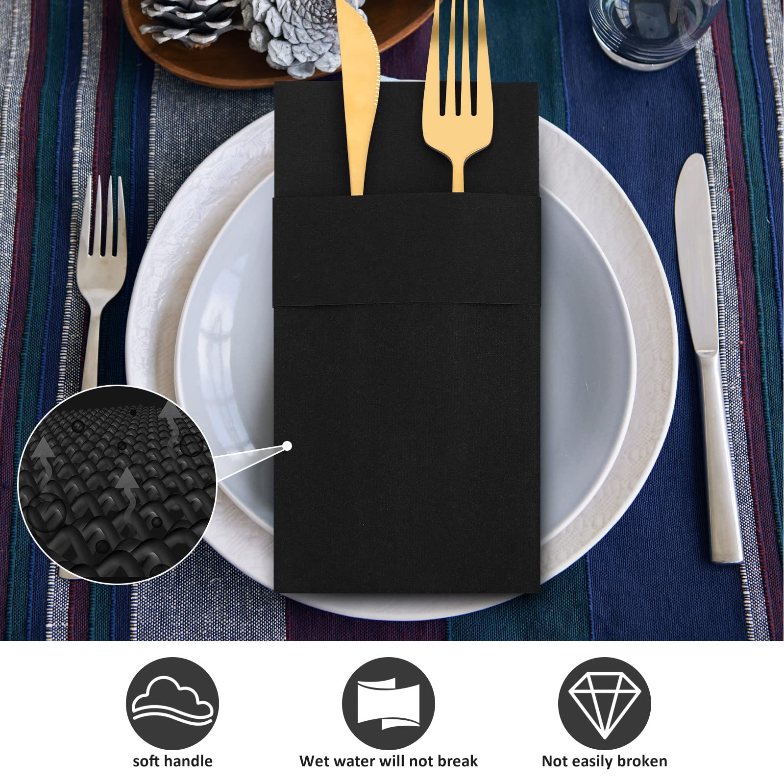 150-Pack Premium Linen-Like Disposable Paper Napkins - Prefolded Dinner Napkins with Built-in Silverware Pocket - Elegant Black for Weddings, Bridal Showers & Valentine's Day Parties - Perfect for Formal Dining, Catering Events & Upscale Gatherings
