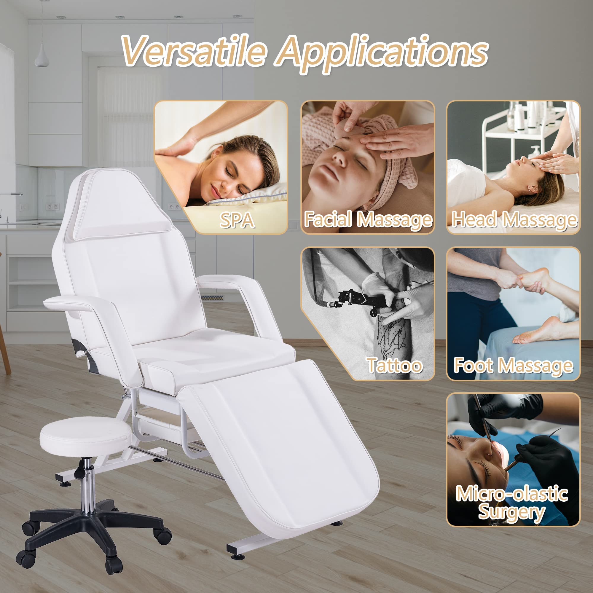Voohek Adjustable Tattoo Pedicure Chair & Lash Bed - Professional Salon Spa Equipment for Massage, Barber, Beauty Services | White | Ideal for Tattoo Studios, Nail Salons & Beauty Clinics