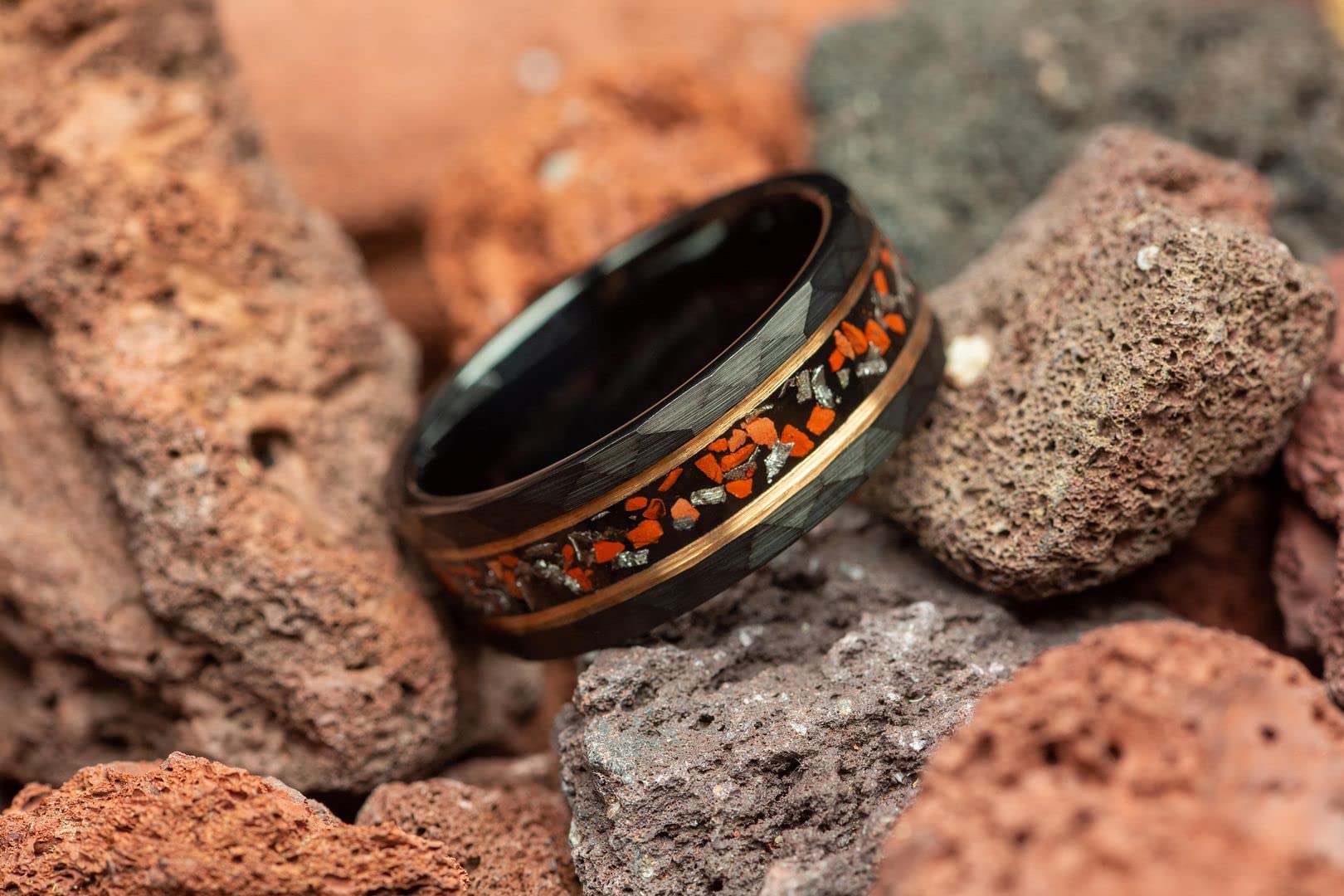 Dinosaur Bone & Meteorite Men's Wedding Ring - Hammered Black Tungsten with Rose Gold Inlay | 8mm Comfort Fit Band for Men | Unique Groomsmen Gift, Anniversary & Engagement Jewelry - Perfect for Outdoor Weddings & Adventure Lovers