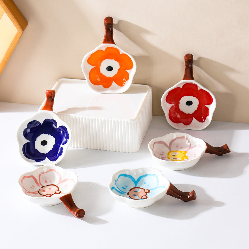 Floral Condiments Dish with Chopsticks Rest - Elegant Ceramic Soy Sauce Plate for Sushi, Dumplings & Asian Cuisine - Perfect for Dining Table, Kitchen & Party Serving