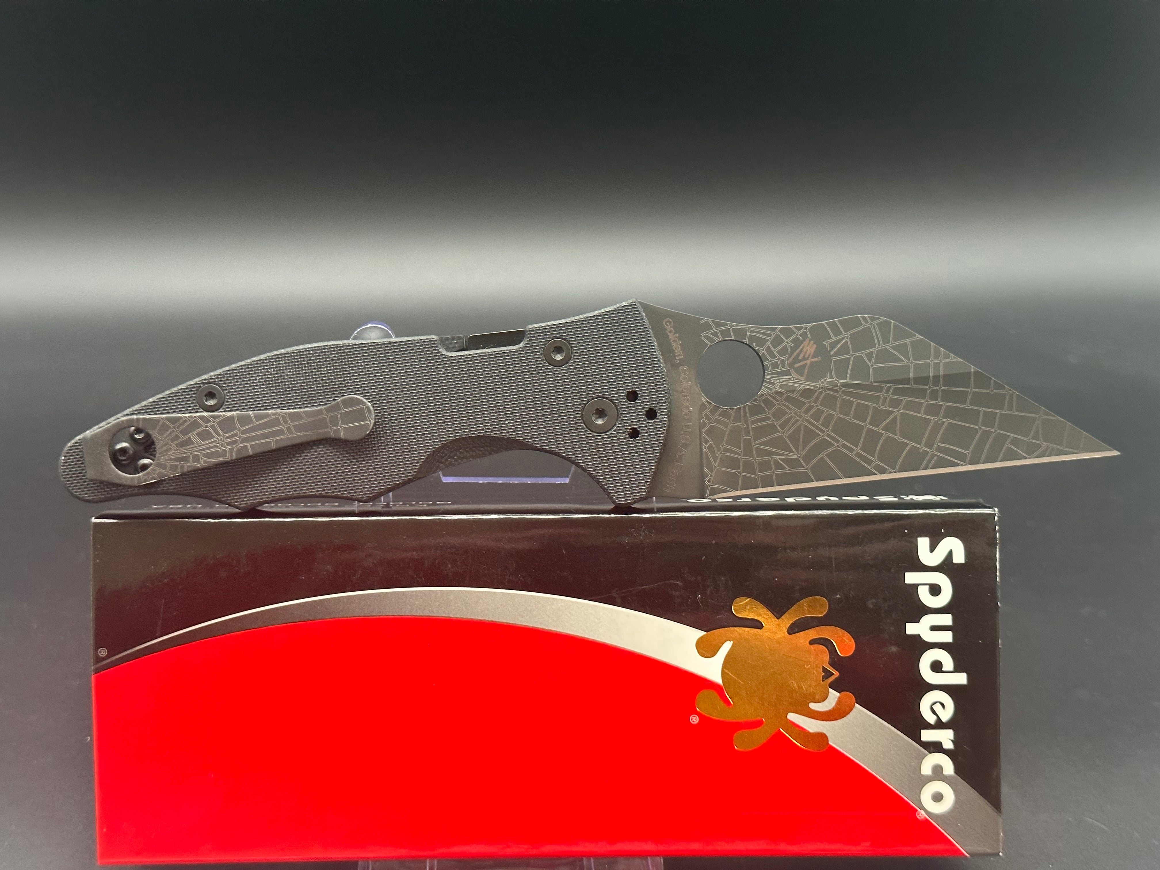 Spyderco Yojimbo 2 Folding Knife - Black G-10 Handle with Lynch NW Custom Laser Engraved Spider Web Blade | EDC, Tactical, Outdoor Survival & Everyday Carry Pocket Knife