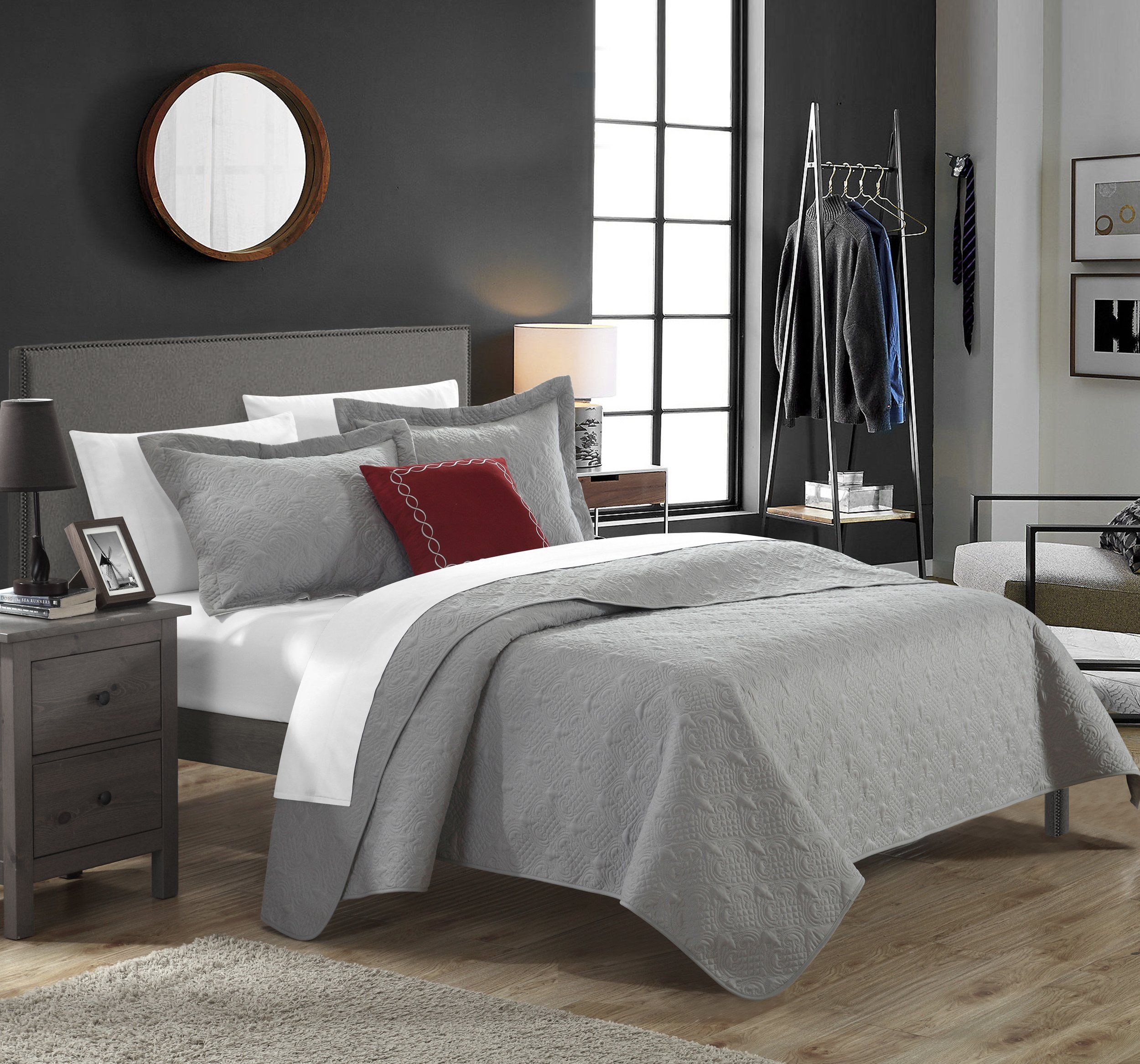 Chic Home 3-Piece Barcelo Traditional Embroidery Quilt Set with Embroidered Decorative Pillow - Twin Size Grey Bedding for Cozy Bedroom Decor