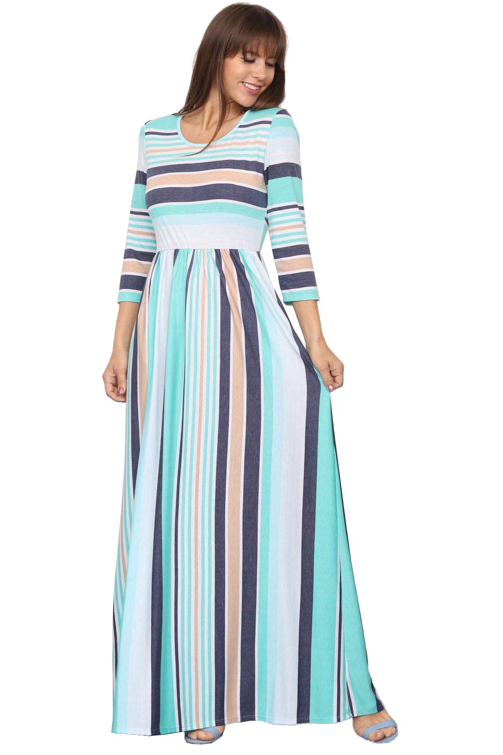 Eloges Women's ¾ Sleeve Contrast Floral & Stripe Maxi Dress - Elegant Summer Beach Dress for Vacation, Party & Casual Wear