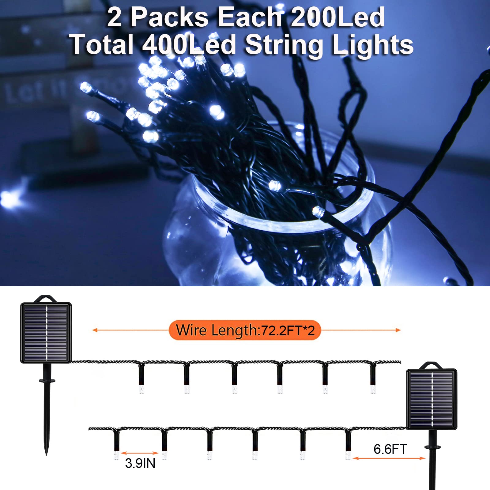 YAOZHOU 2 Pack Solar Christmas Lights Outdoor Waterproof - 400LED 151ft Cool White Fairy String Lights with 8 Modes for Tree, Garden, Patio, Wedding, Party, Yard Decoration | Perfect for Holiday, Landscape, and Special Event Lighting