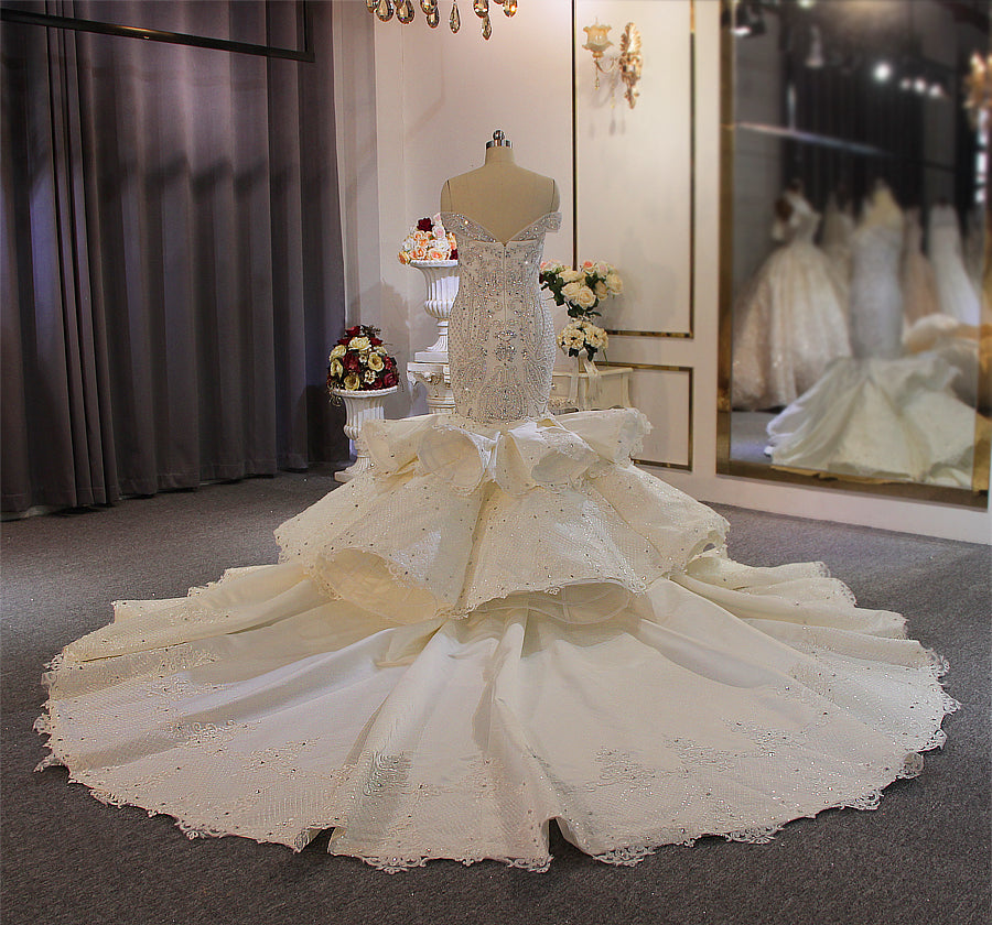 Luxury Beaded Mermaid Wedding Dress with Detachable Train - Elegant Bridal Gown for Beach, Church & Formal Weddings