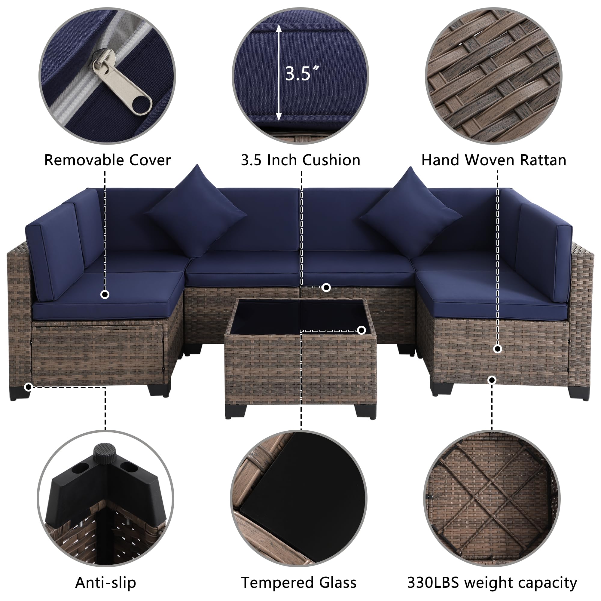 KIGOTY 7-Piece Modular Outdoor Sectional Sofa Set - All-Weather PE Rattan Wicker Patio Furniture with Cushions & Coffee Table (Brown/Navy) - Perfect for Backyard, Poolside & Garden Relaxation