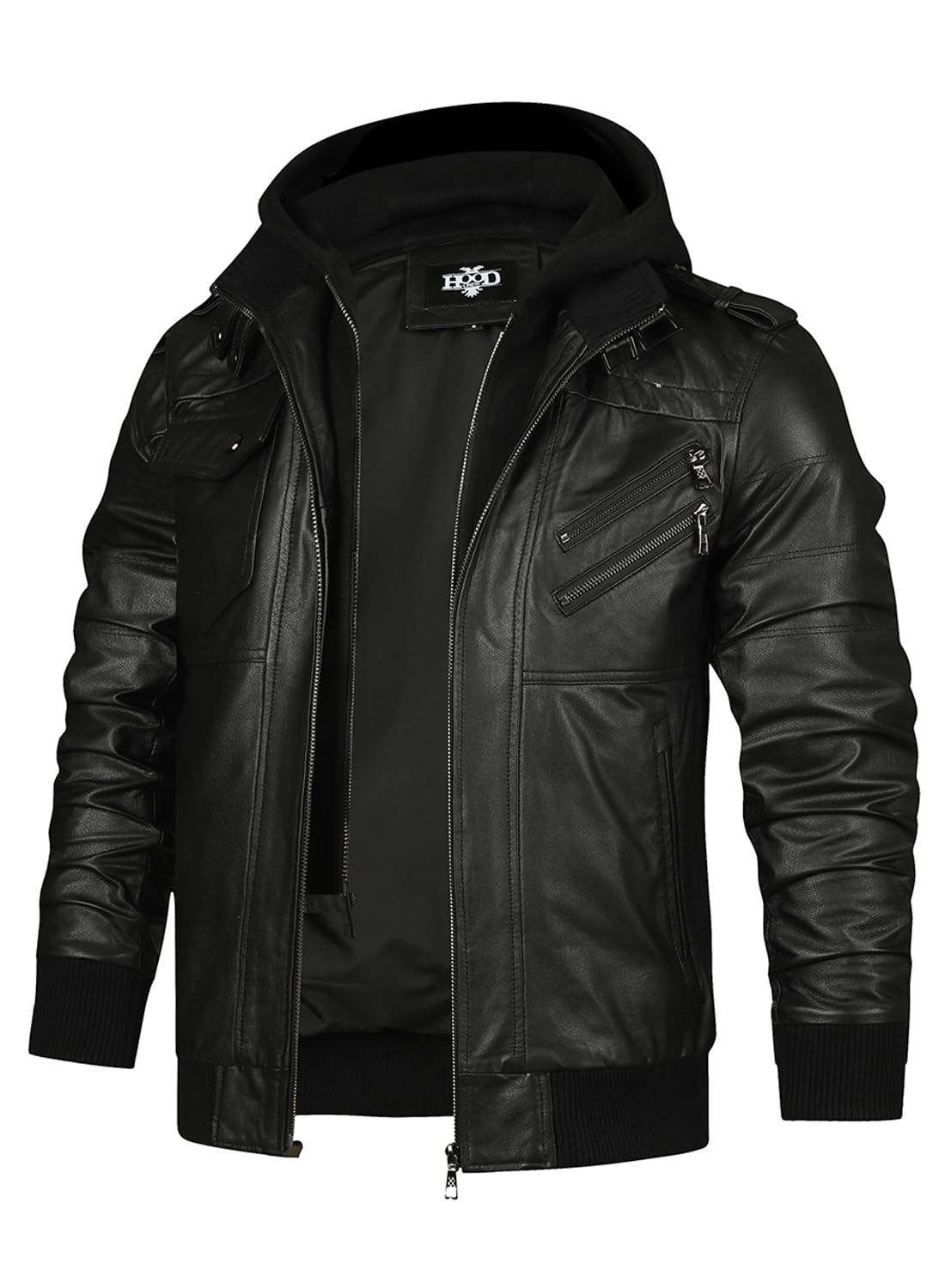 HOOD CREW Genuine Cowhide Leather Jacket for Men - Black Hooded Motorcycle Biker Jacket with Warm Lining | Perfect for Riding, Casual Wear & Outdoor Adventures
