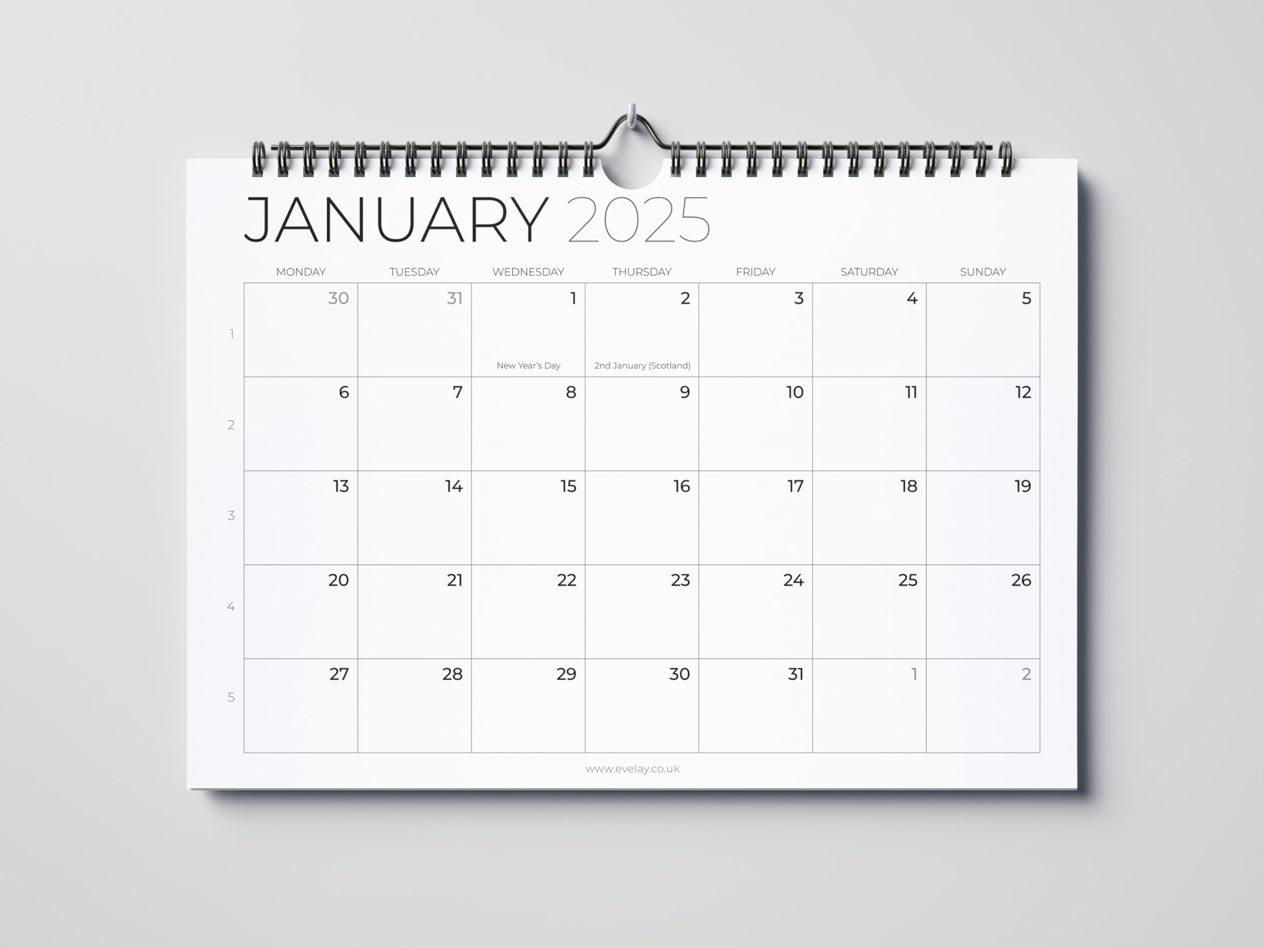 2025 Spiral Bound Wall Calendar - A4 Landscape Monthly Planner for Home, Office & School | Evelay White Organizer | Perfect for Family Schedules, Work Deadlines & Academic Planning