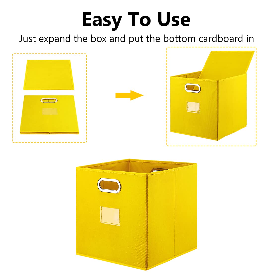 Robuy 13 Inch Cube Storage Bins - 4-Pack Yellow Plastic Organizing Boxes with Dual Metal Handles for Shelves, Closet, Nursery & Home Organization - Perfect for Toy Storage, Kids Room & Office Supplies