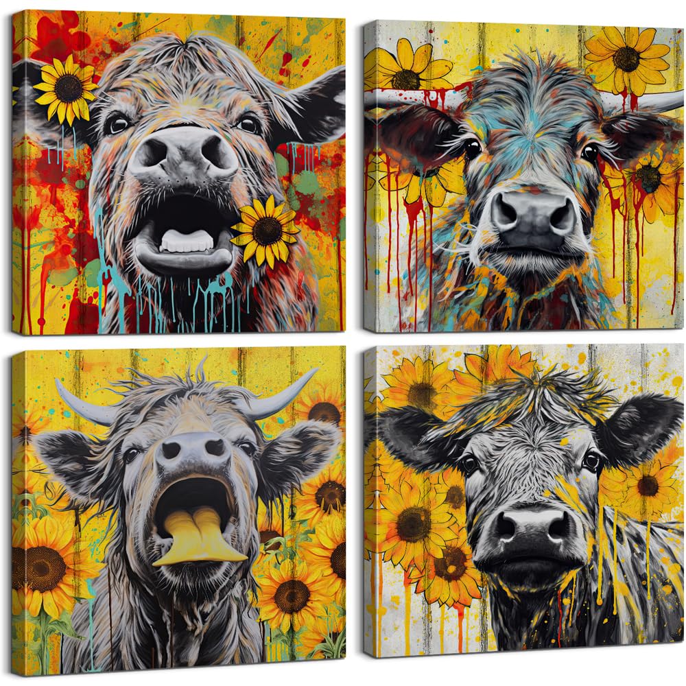 Highland Cow Wall Art - 4-Piece Farmhouse Decor for Living Room