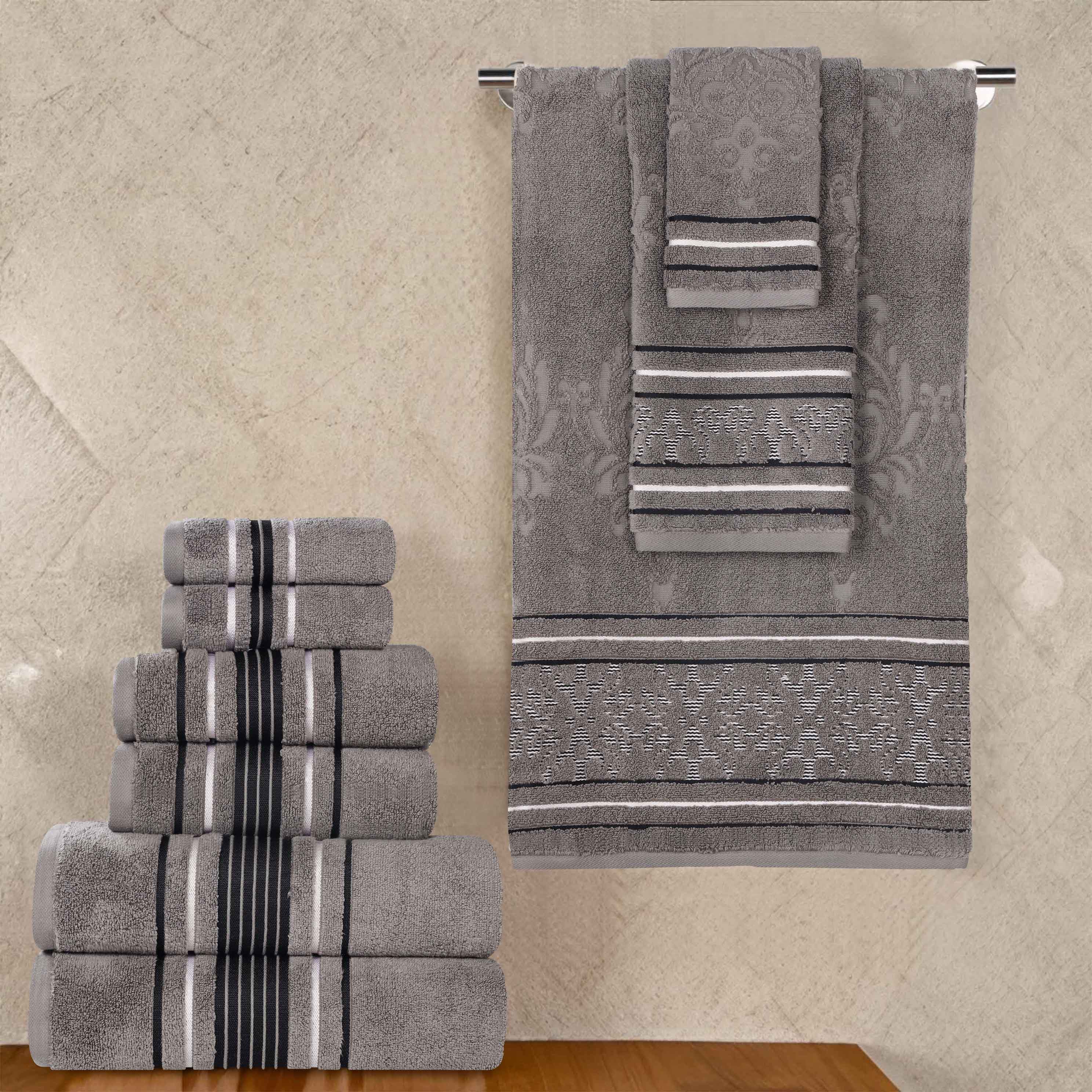 Premium 9-Piece Sadie Zero Twist Cotton Towel Set - Solid & Jacquard Floral Design | Ultra Soft & Absorbent Bath Towels, Hand Towels & Washcloths | Perfect for Spa, Bathroom & Luxury Home Decor