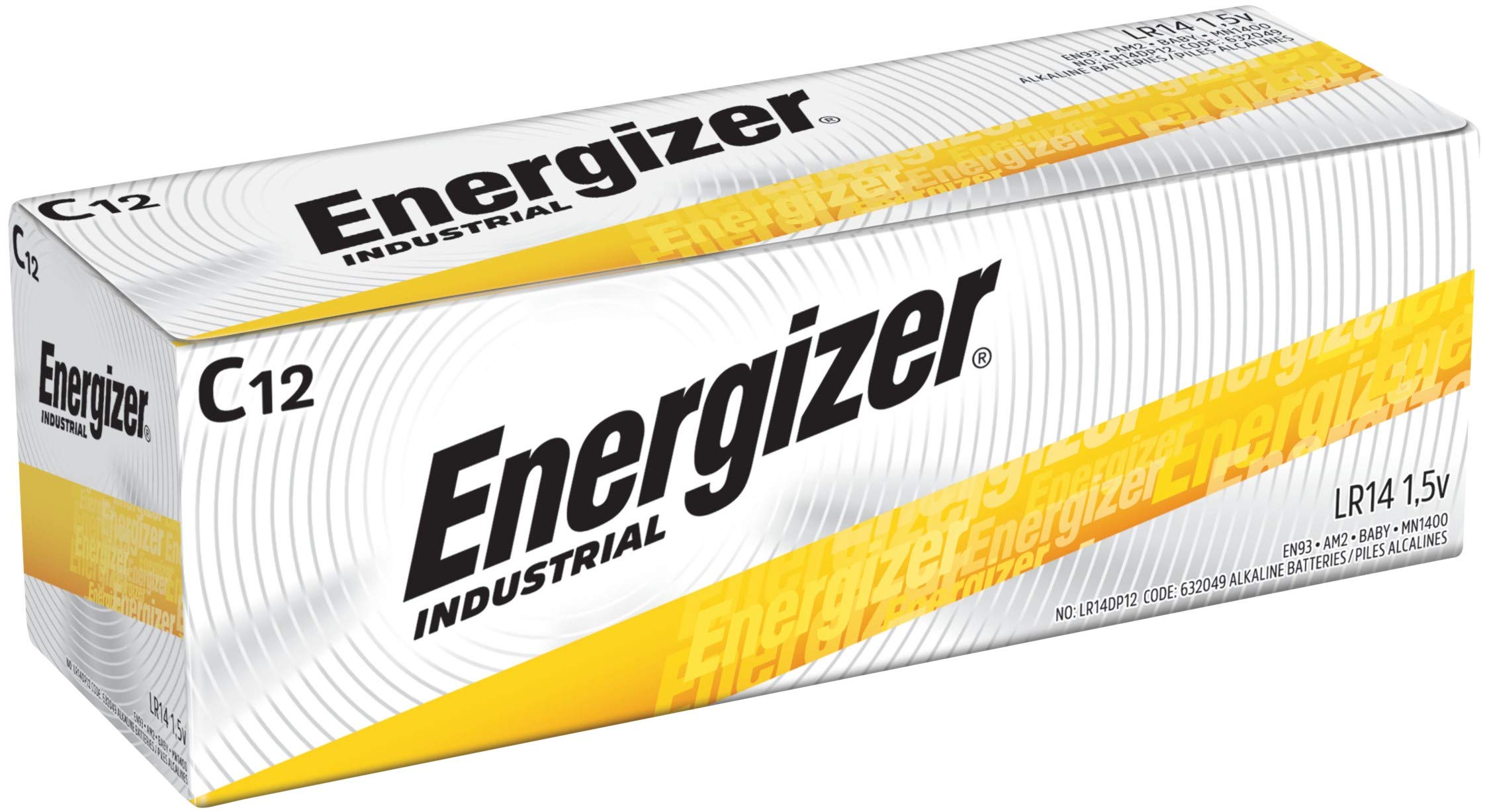 Energizer EN93 Industrial C 12 Alkaline Batteries - 12 Pack - Long-Lasting Power for Flashlights, Toys, and Emergency Devices