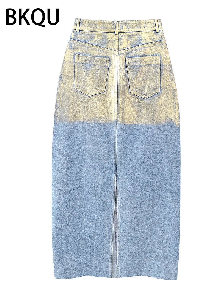 Elegant Split Straight Denim Skirts for Women 2023 - High Waist Office Long Skirt with Contrast Color | Perfect for Work, Casual Outings & Date Nights