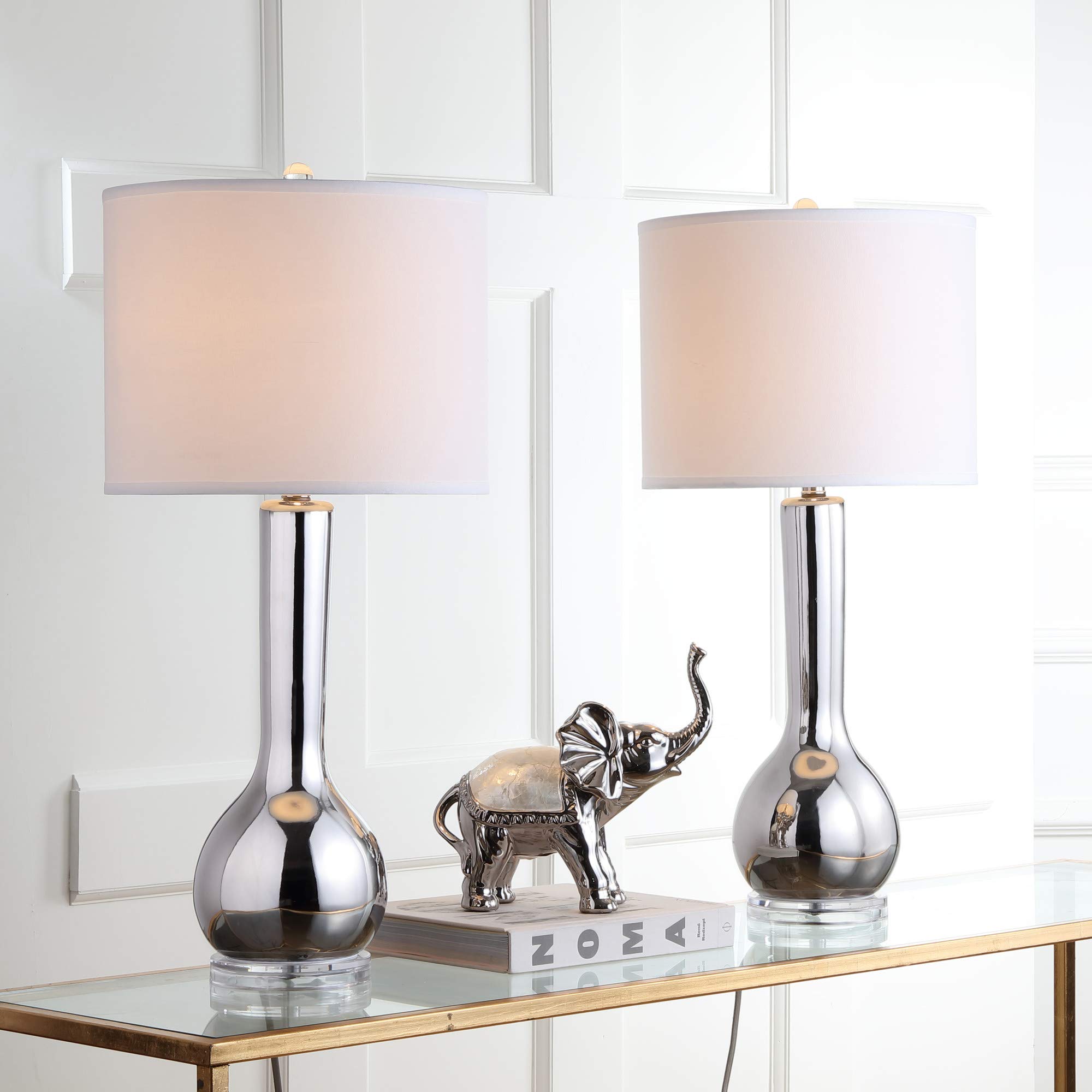 SAFAVIEH Lighting Collection Mae Long Neck Modern Contemporary Silver Ceramic 31-inch Table Lamp Set of 2 with LED Bulbs - Perfect for Bedroom, Living Room, Home Office & Nightstand Lighting