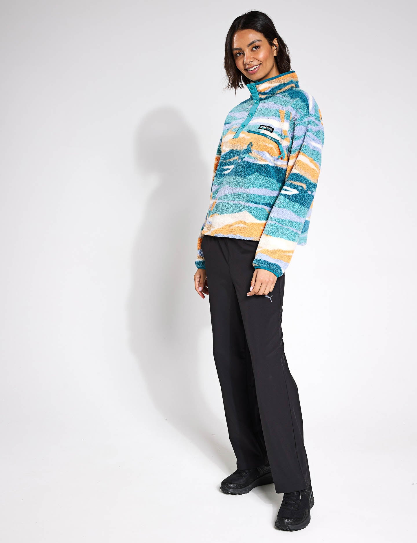 Helvetia II Cropped Sherpa Half Snap Printed Fleece Jacket - Teal Rogue Valley - Cozy Winter Outerwear for Women, Perfect for Casual Outings & Outdoor Adventures