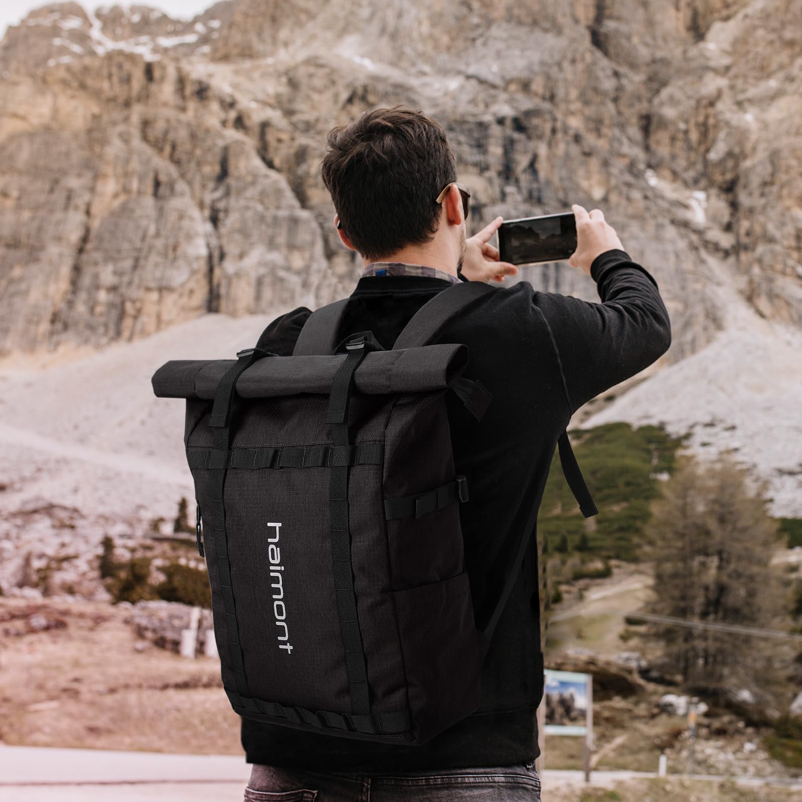 Haimont Water-Resistant 20L Rolltop Backpack for Men & Women - Lightweight Travel Backpack with Laptop Compartment for Work, Hiking, Commuting & Daily Use - Durable Carry-On Daypack (Black)