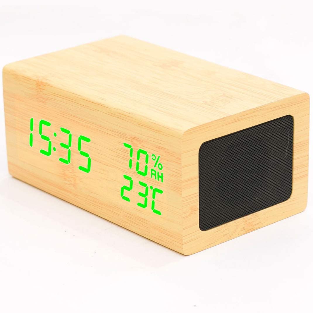 FETION QI Wireless Charging Wooden Alarm Clock with Bluetooth Speaker, Voice Control & LED Display - Fast Wireless Charging Station for iPhone, Android - Bedroom, Office, Nightstand Digital Clock (Green)