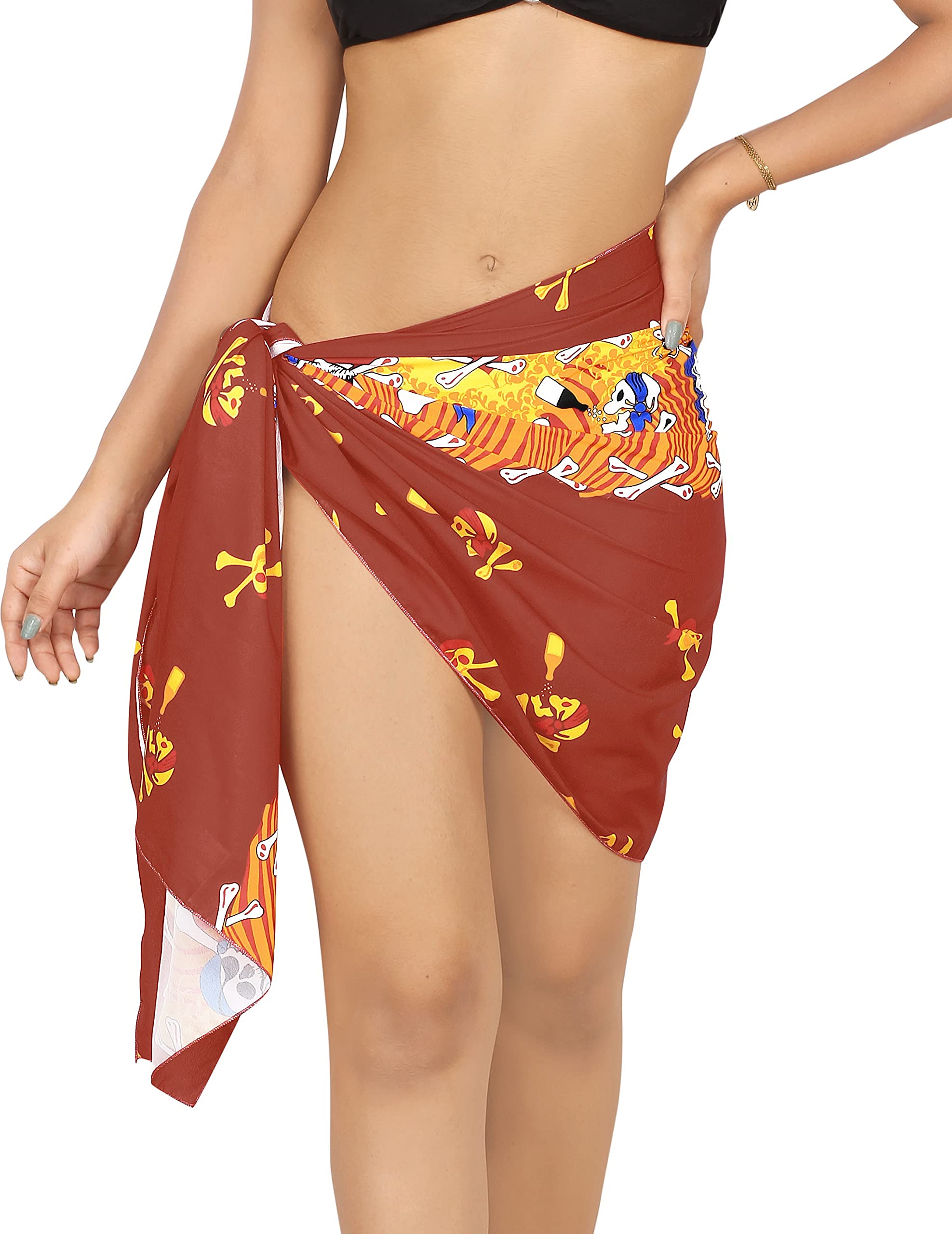 LA LEELA Women's Pirate Print Sarong Wrap - Stylish Beach Cover Up, Bikini Wrap Skirt for Summer Vacation, Pool Party & Tropical Getaway