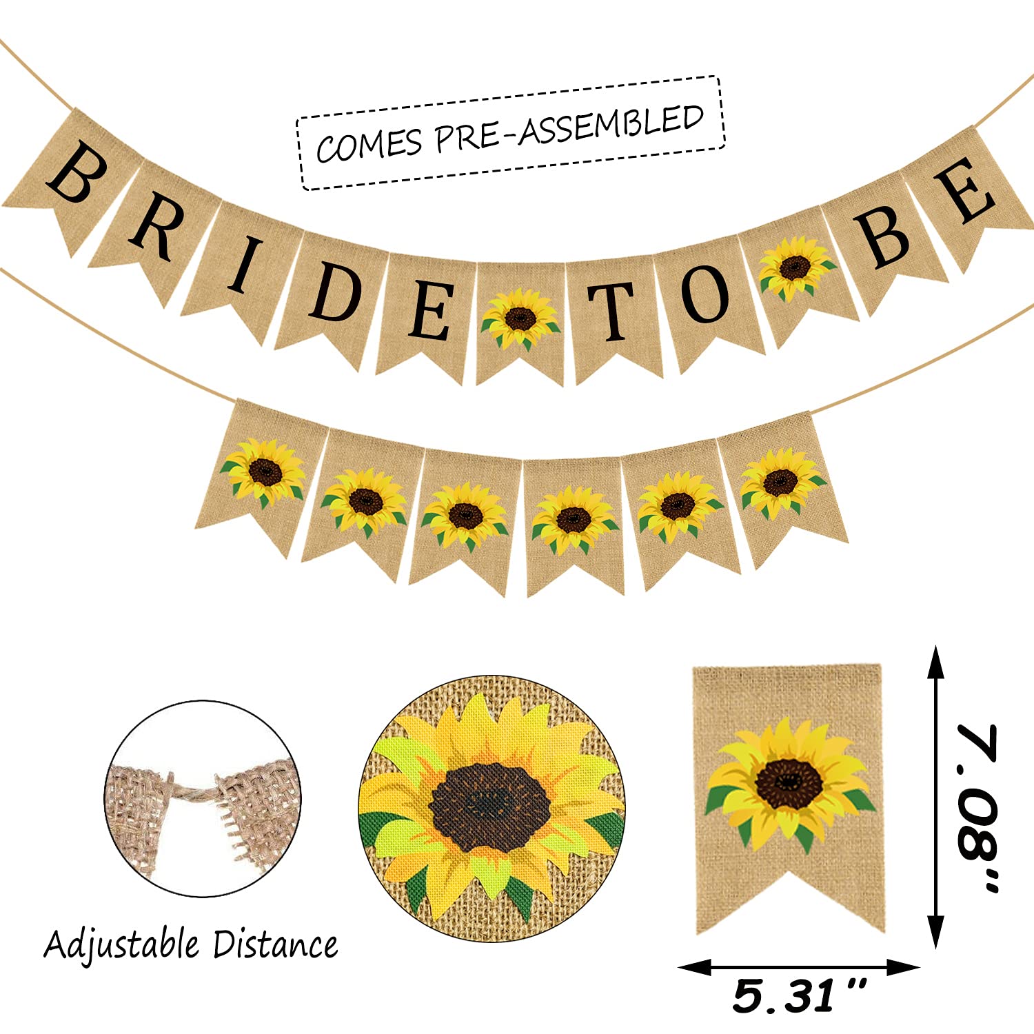 Rustic Sunflower Burlap Wedding Banner - Elegant Jute Bunting Garland for Bridal Showers, Bachelorette Parties, Engagements & Anniversaries - Perfect Photo Backdrop & Boho Wedding Decor
